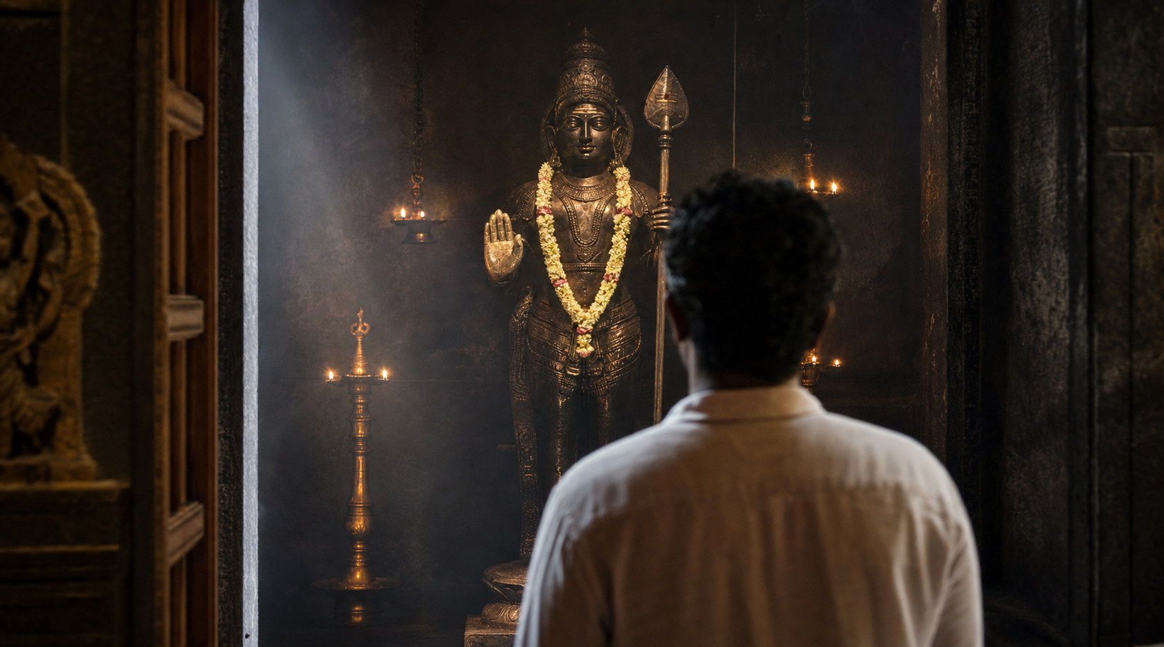 A standing Murugan image raises an open hand in the abhaya gesture as a pilgrim stands before the lamplit sanctum.