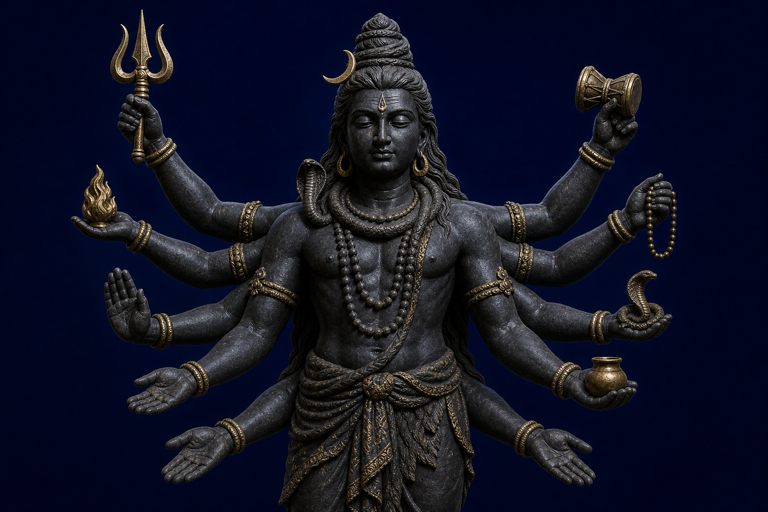 Ten arms extend in five balanced pairs from one Shiva torso, with several hands holding emblems and others forming open gestures.