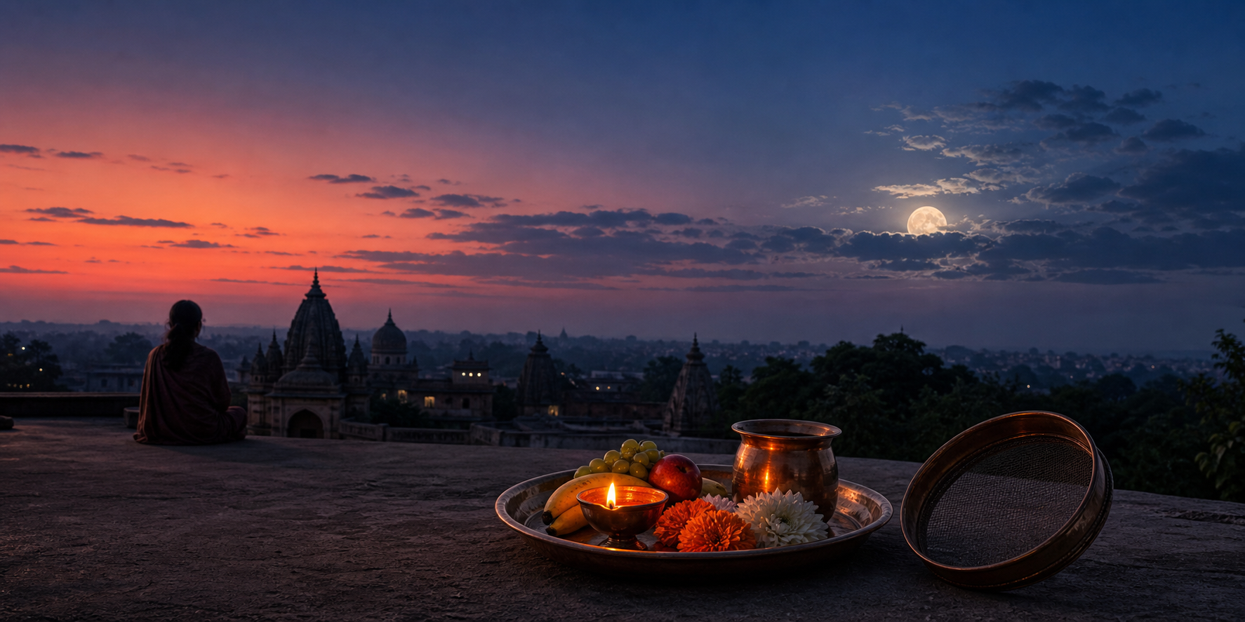 An observer waits on a terrace at twilight beside a puja plate as the moon appears over temple rooftops.