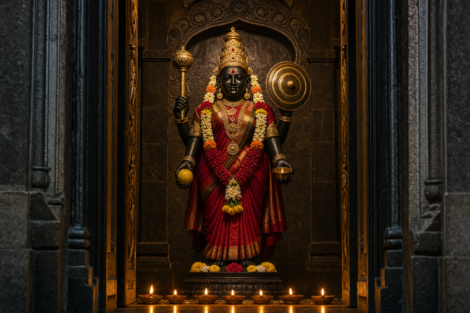A four-armed black-stone Ambabai image stands in a lamp-lit stone sanctum holding a citrus fruit, bowl, mace and shield.