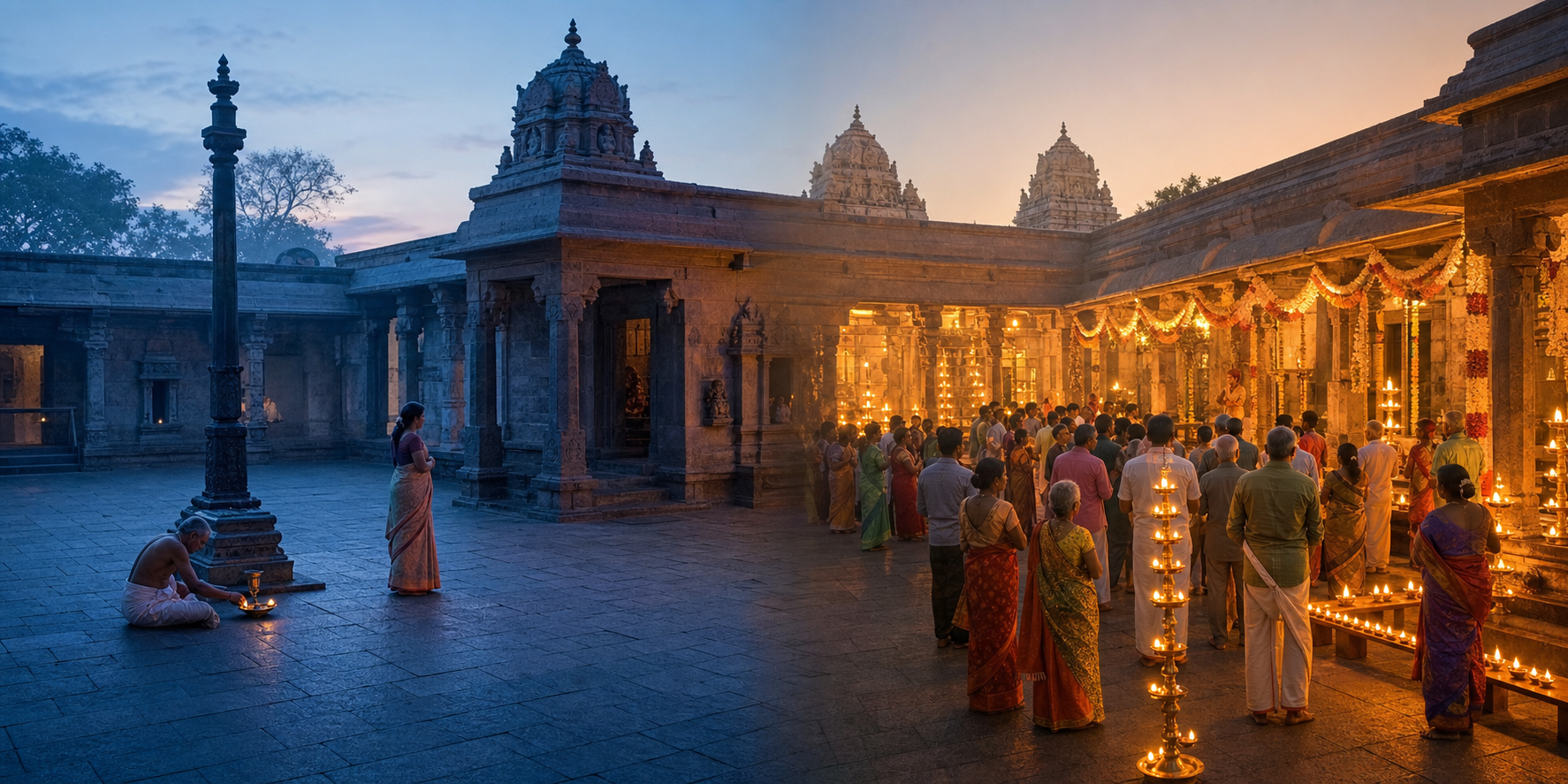 Two views of the same temple contrast a quiet dawn darshan with a warmly lit festival gathering of devotees.
