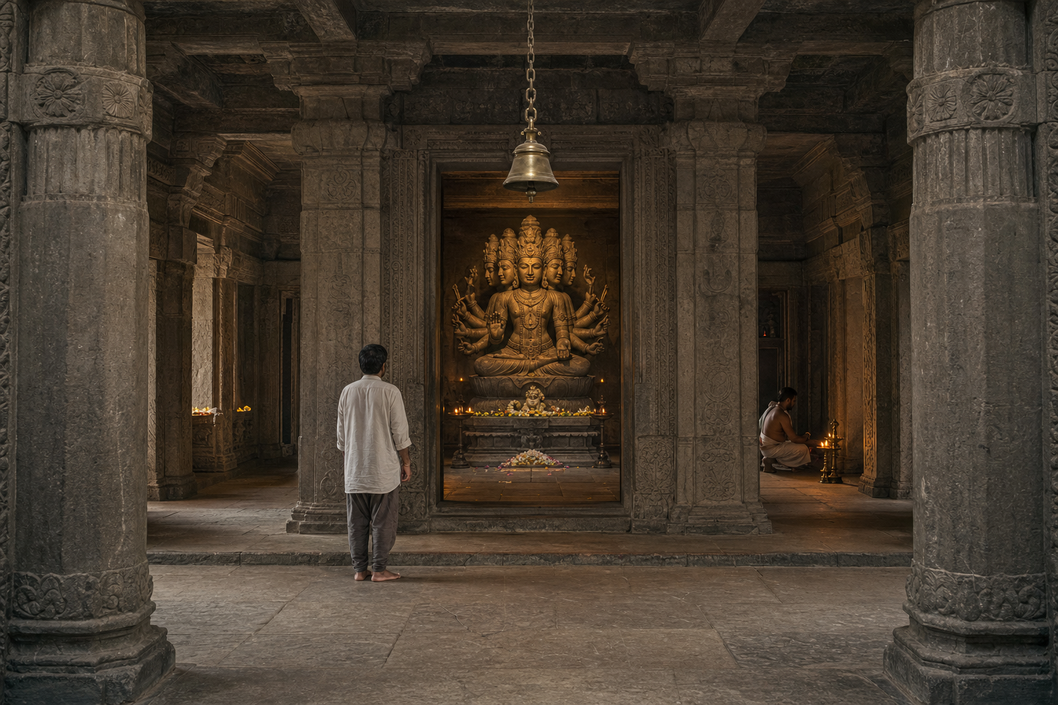 A visitor pauses at the threshold of a stone shrine where a five-faced, ten-armed Shiva figure is framed by pillars, lamps, offerings, and a surrounding passage.