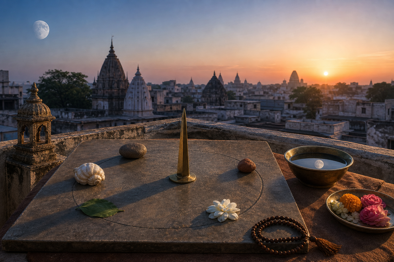 A rooftop observation table holds a brass gnomon, reflective water bowl, beads, flowers, and five unmarked objects beneath the rising sun and fading moon.