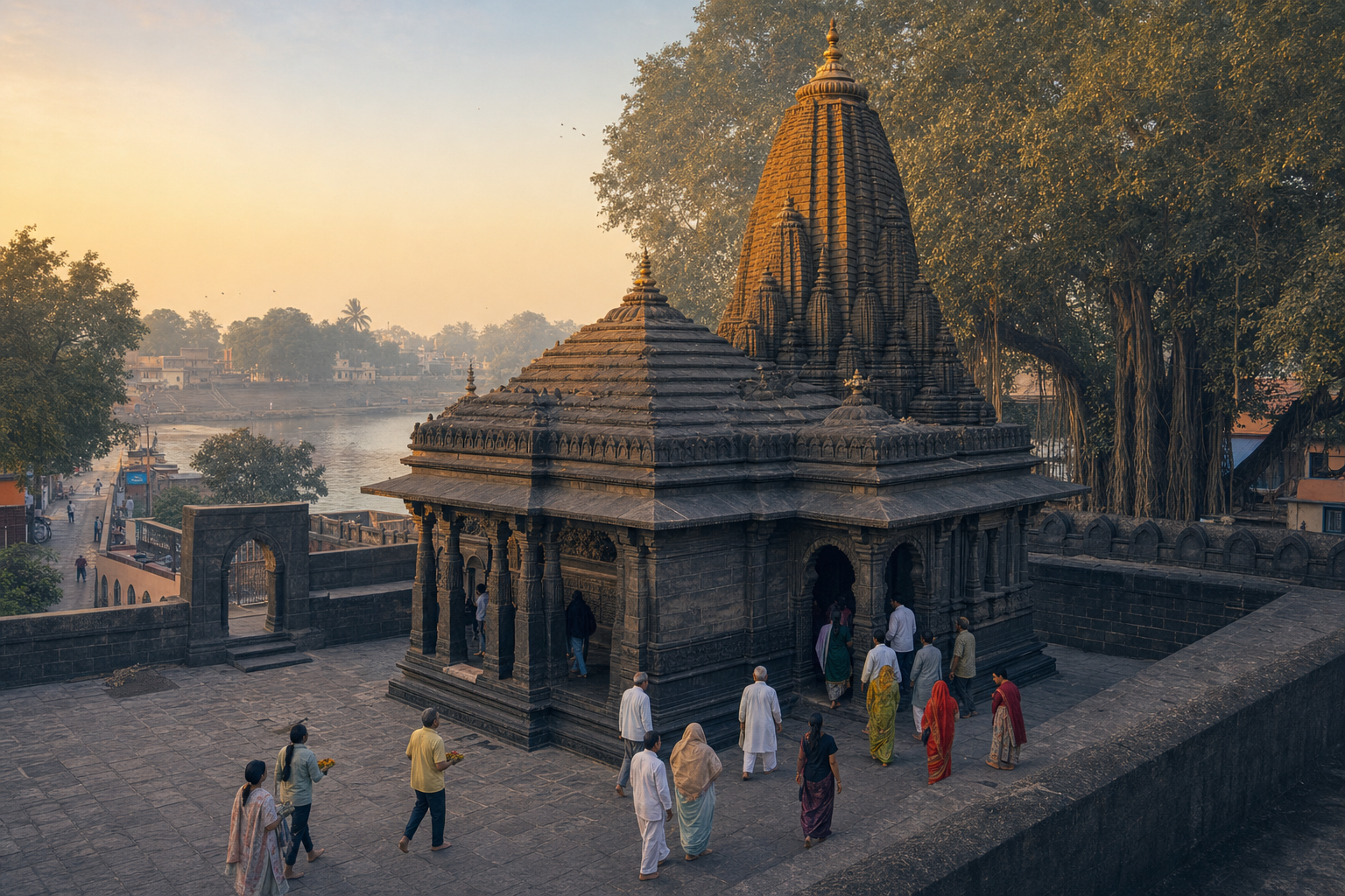 Early-morning view of the dark basalt Kalaram Mandir in Panchavati as pilgrims approach with flower offerings, with trees and the Godavari riverfront in the distance.