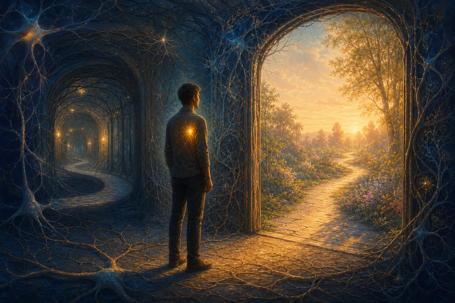 A person pauses between a dark looping corridor and a sunlit garden in a landscape shaped like branching neurons.