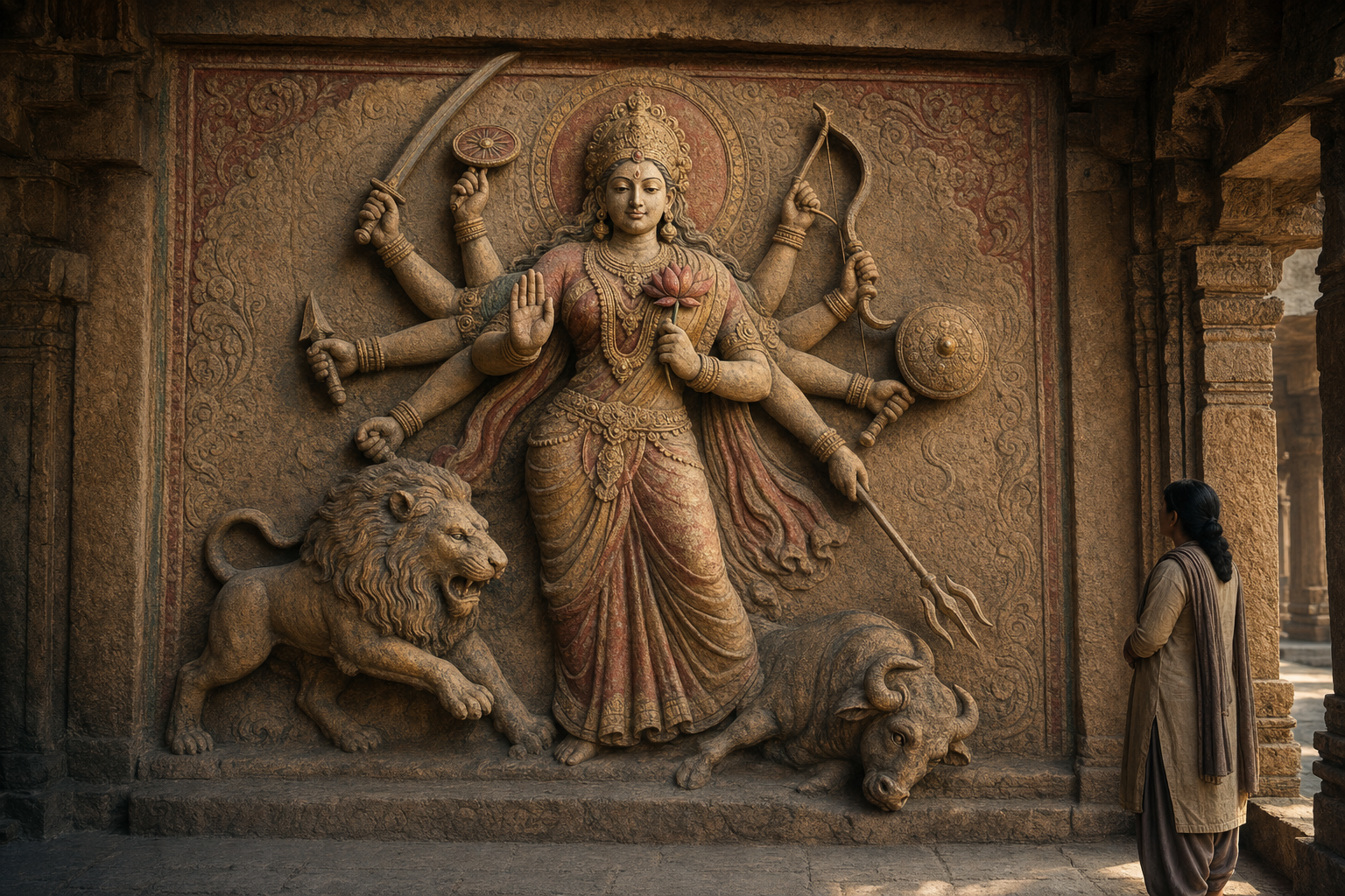 A temple relief shows a serene many-armed goddess whose blessing hand, lotus, weapons, lion and buffalo-shaped adversary form one connected scene.