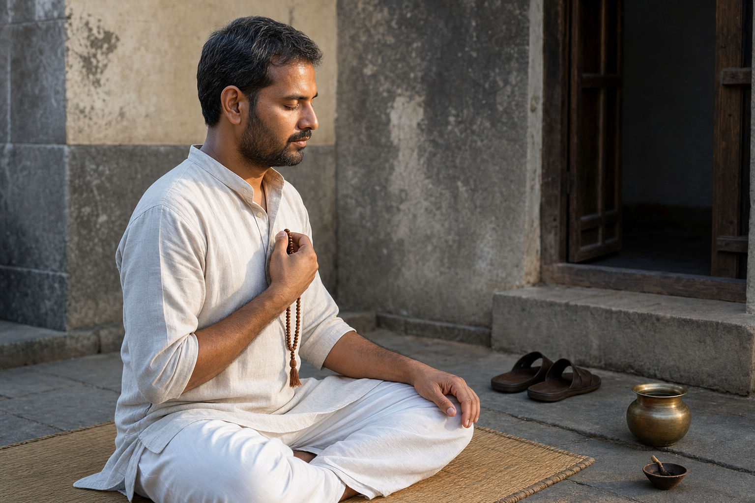 A seated practitioner holds a rudraksha mala in a quiet stone courtyard beside a water vessel and an extinguished lamp.