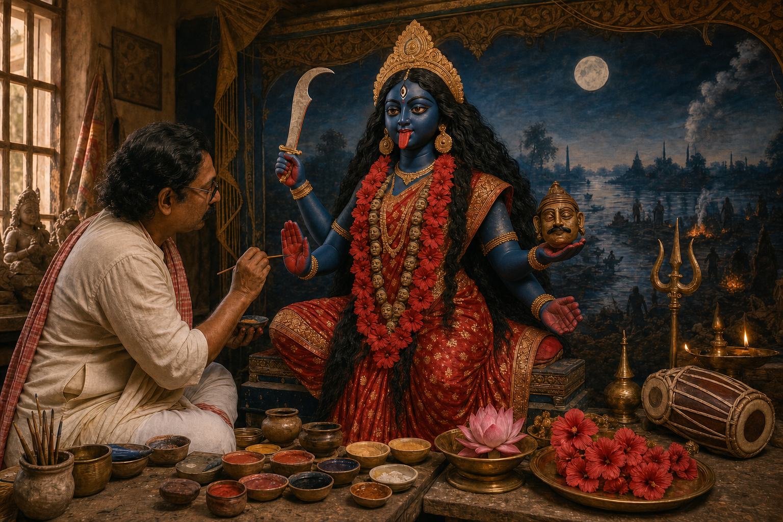 An artisan paints a dark blue image of Kali with protective gestures, a ritual blade, hibiscus flowers, a skull-shaped cup, a drum, and other devotional symbols in a lamp-lit studio.