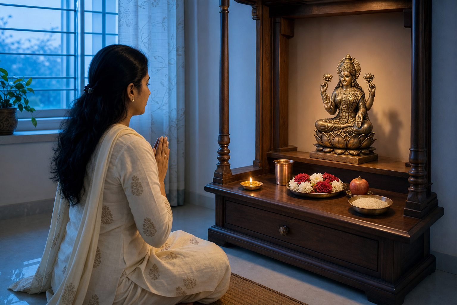 A devotee sits with joined hands before a small Mahalakshmi shrine arranged with a lamp, water, flowers, fruit and rice.