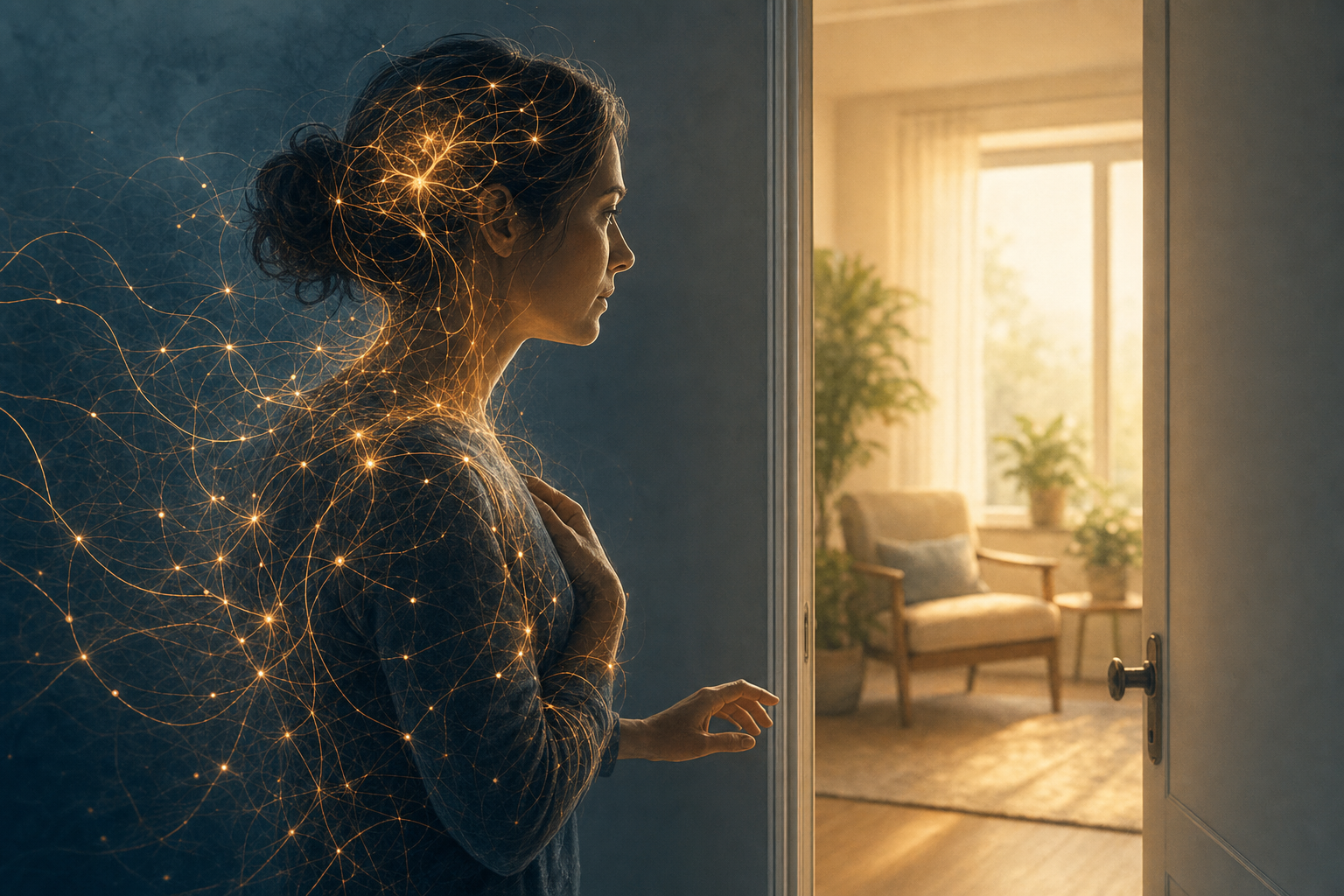 A person approaches a peaceful open room while amber neural filaments around their head and body suggest a protective alarm response.