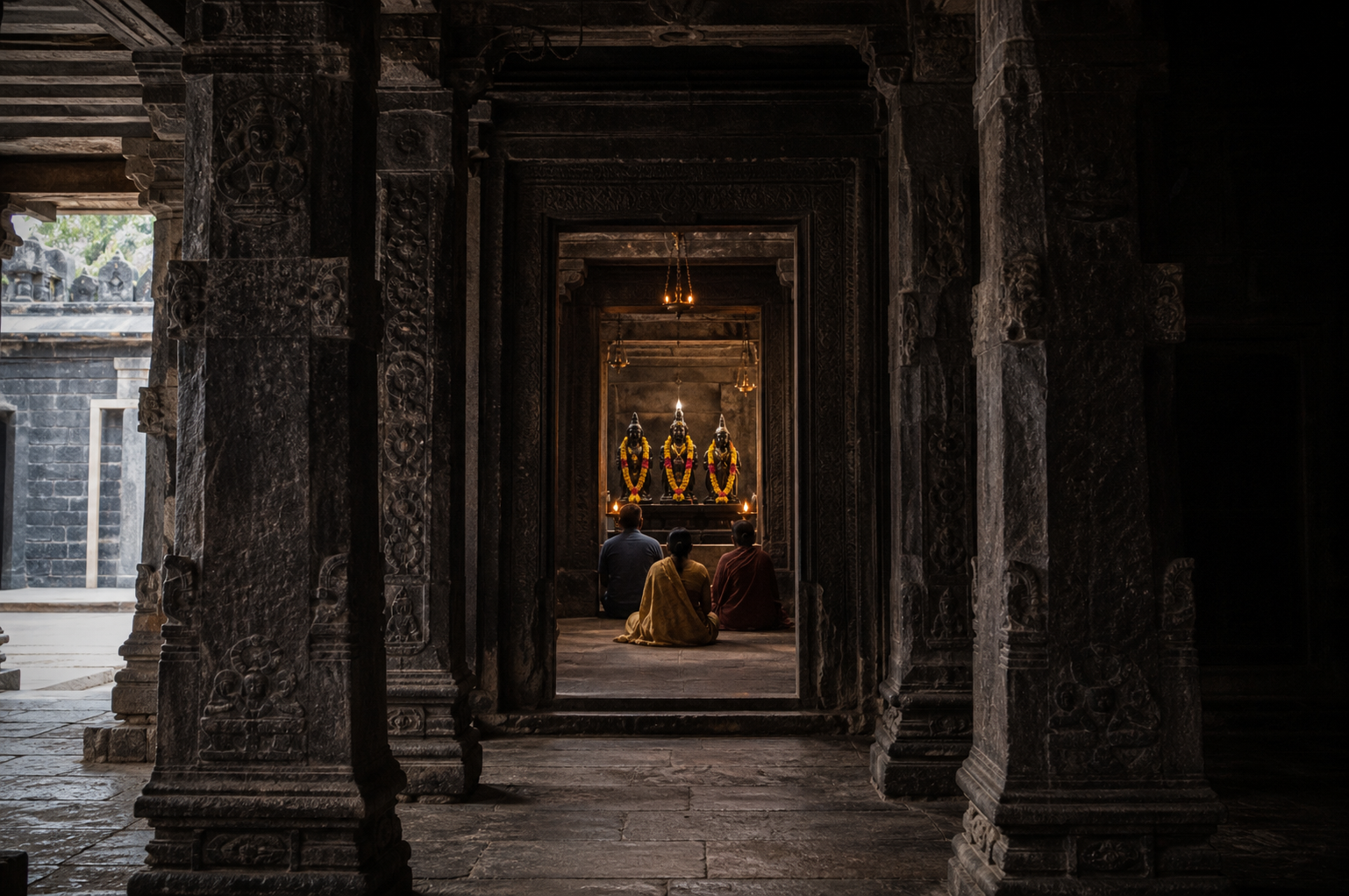 Carved basalt pillars and doorways lead toward a lamp-lit sanctum with three garlanded black-stone sacred figures as pilgrims stand at the threshold.