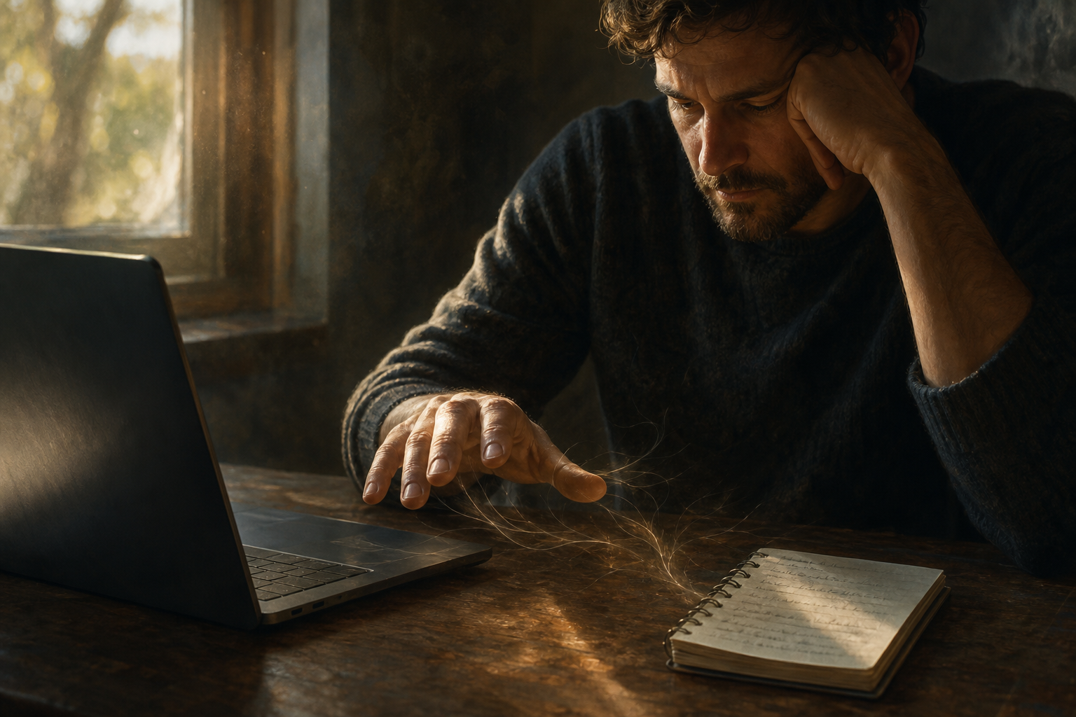 A person pauses with one hand between closing a laptop and returning to an unfinished notebook as faint branching trails surround the gesture.