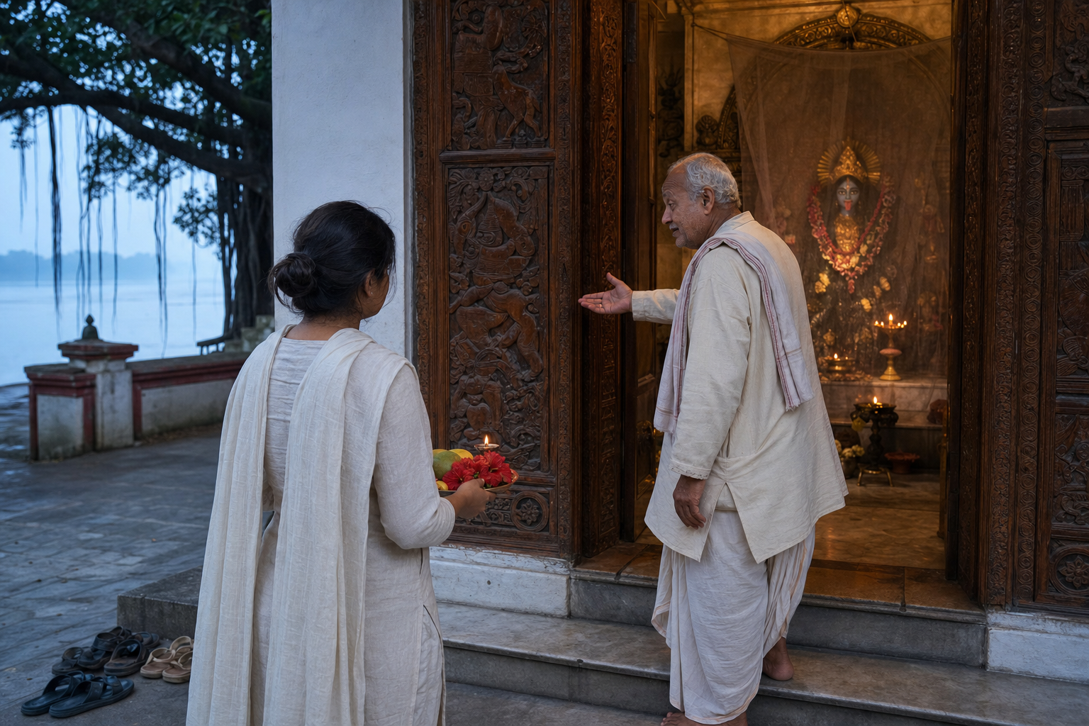 A devotee holding hibiscus flowers and fruit pauses at the threshold of a lamp-lit Kali temple while an elder guide welcomes them toward the offering area.