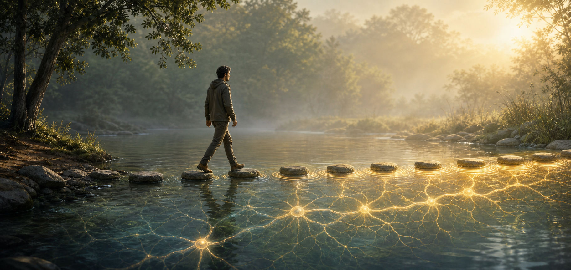 A person crosses a shallow stream on closely spaced stepping stones while golden ripples illuminate a branching pathway beneath the water.