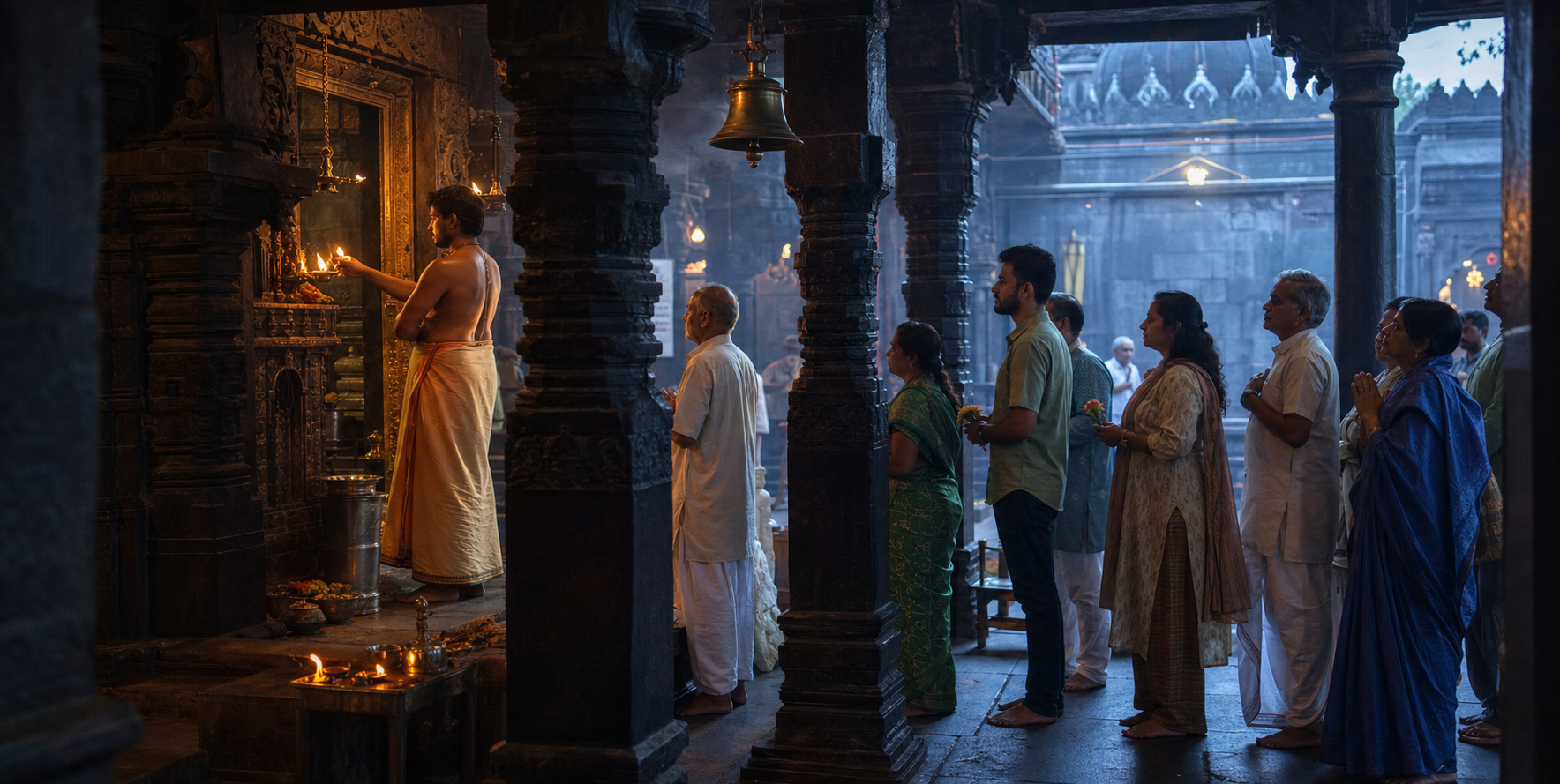 Devotees wait inside a dark-stone temple at dawn while a priest performs an oil-lamp offering near the sanctum.