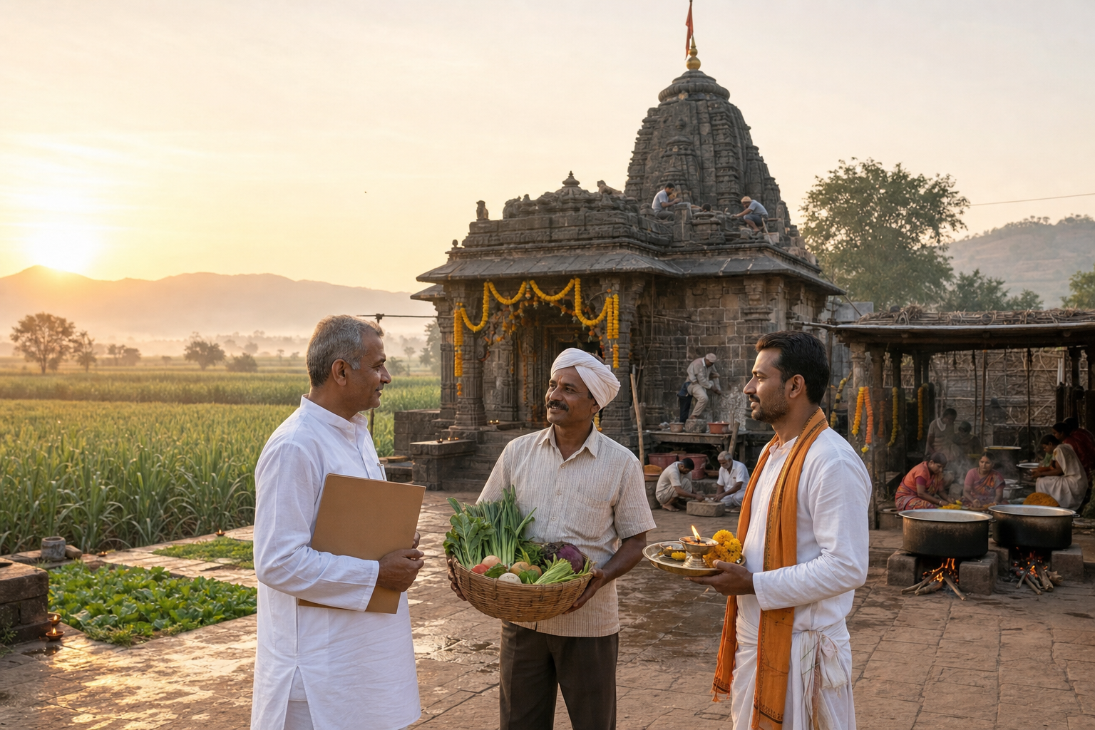 A temple trustee, cultivator, and sevadar stand beside cultivated fields and a historic stone temple in rural Maharashtra at dawn.