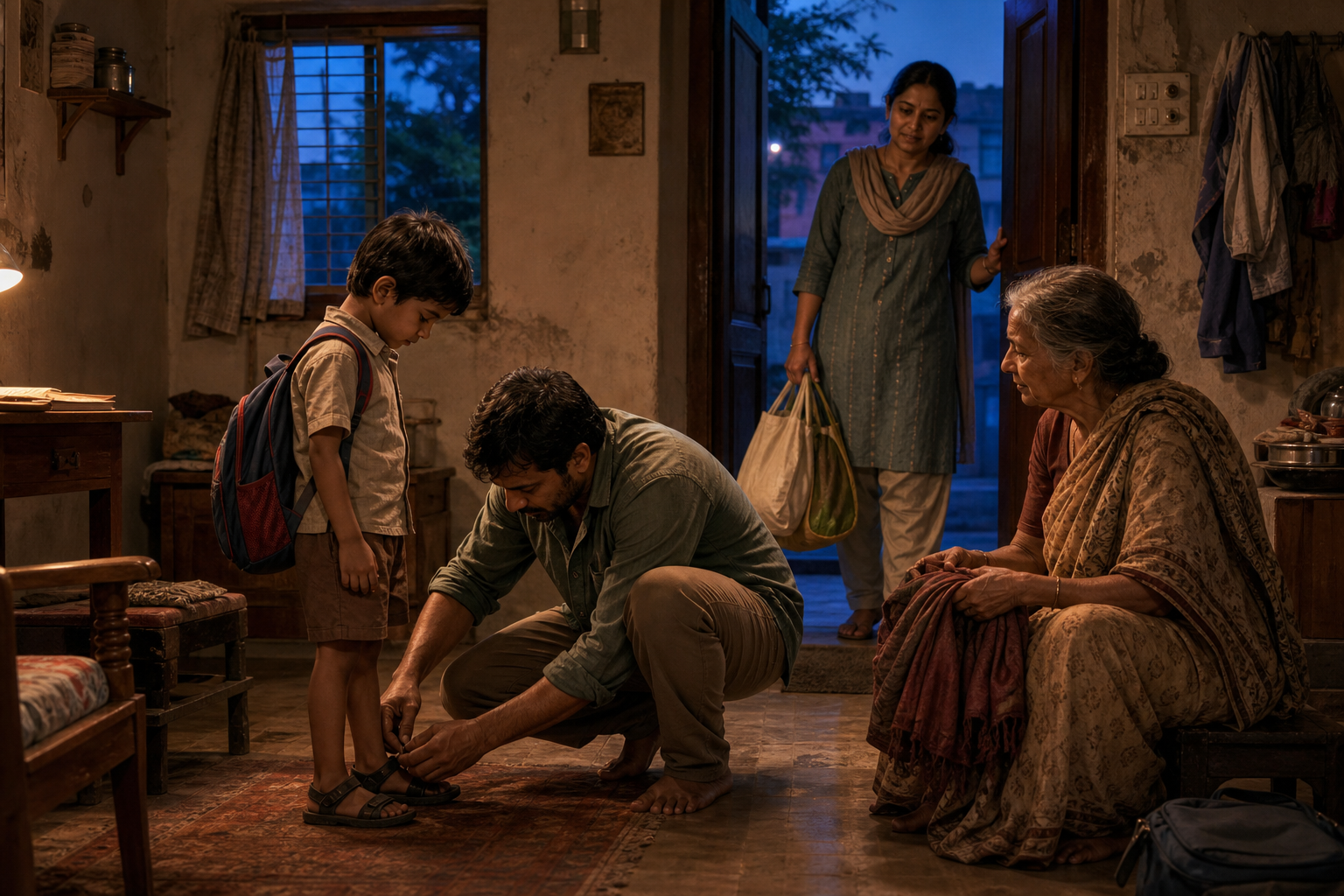 An adult ties a child's sandal while other family members wait nearby in a modest home at dusk.