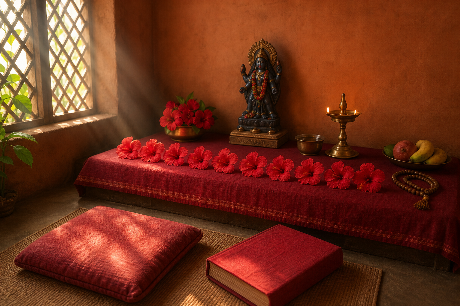 A simple household Kali shrine holds a small goddess image, a brass lamp, water, fruit, prayer beads, and eleven red hibiscus blossoms arranged on a red cloth.