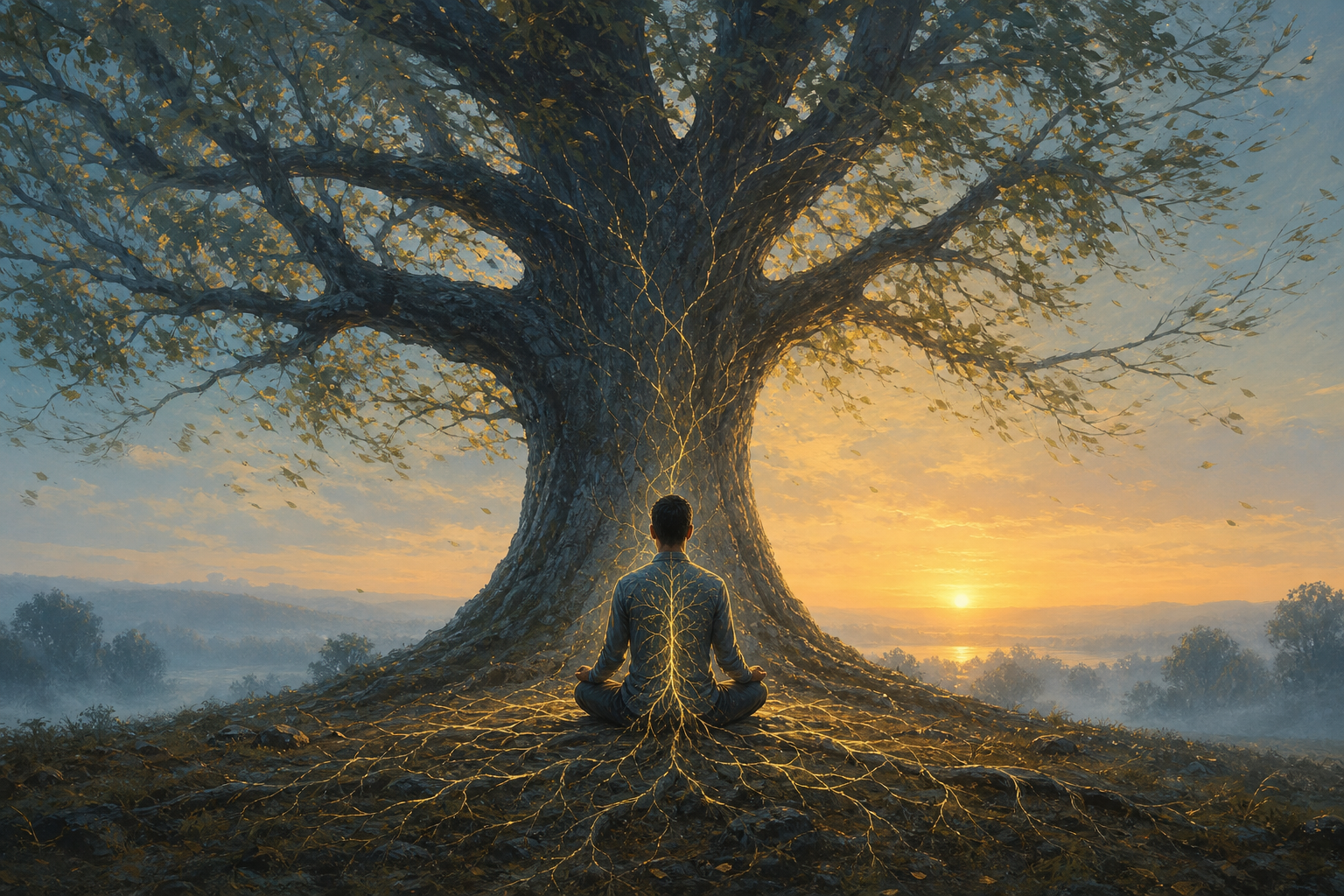 A person meditates beneath a wind-swept tree whose glowing roots echo delicate neural patterns around the seated figure.
