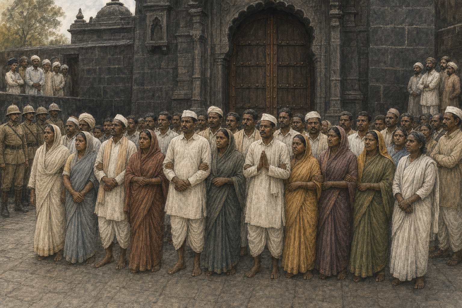 Dalit men and women in 1930s clothing stand peacefully before the closed dark-stone gateway of Kalaram Mandir during the temple entry satyagraha.