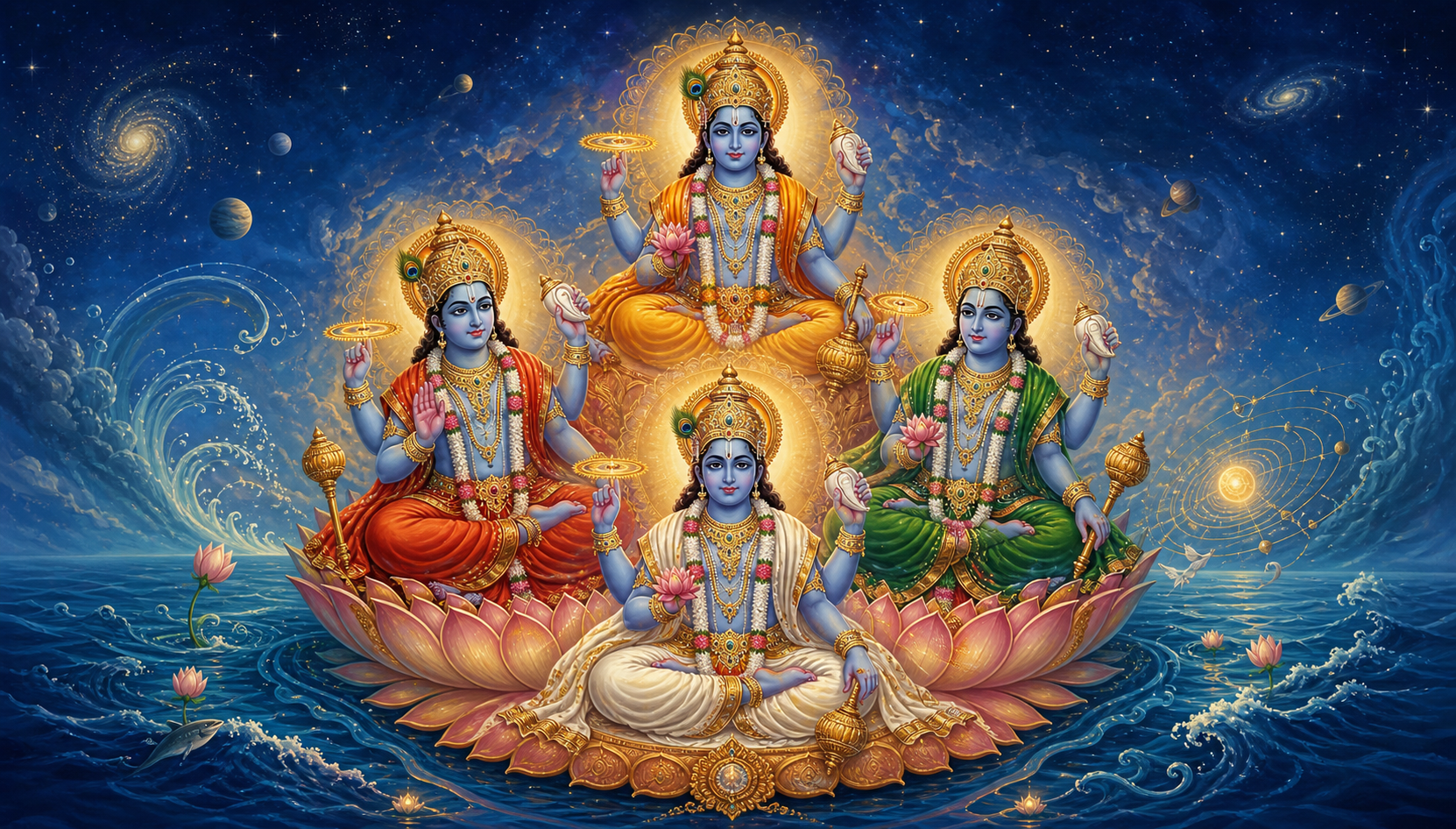 Four crowned forms of Vishnu stand on a shared lotus pedestal around one golden radiance above a dark cosmic ocean.