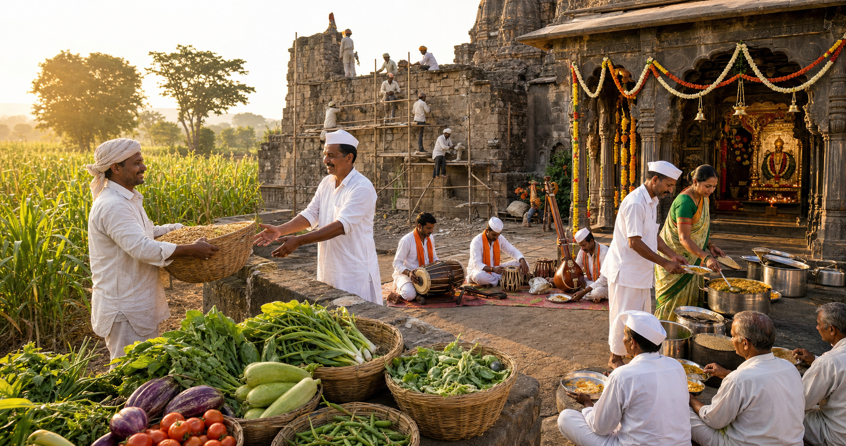 Farm produce arrives at a Maharashtra temple where sevadars prepare food, maintain the stone building, and organize festival instruments.