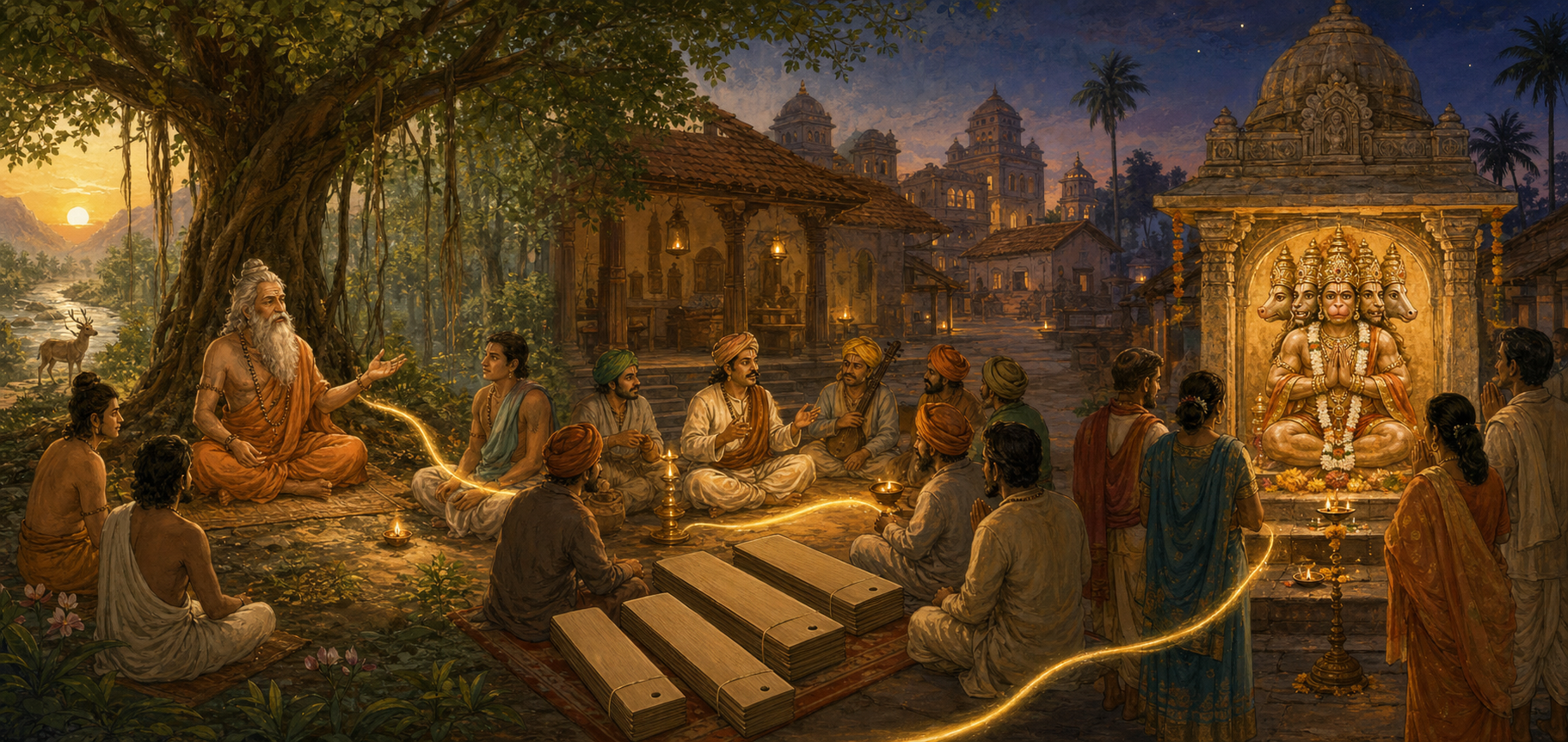 A sage, courtyard storytellers, and worshippers at a Panchamukhi Hanuman shrine appear in three connected scenes of oral, manuscript, and devotional tradition.