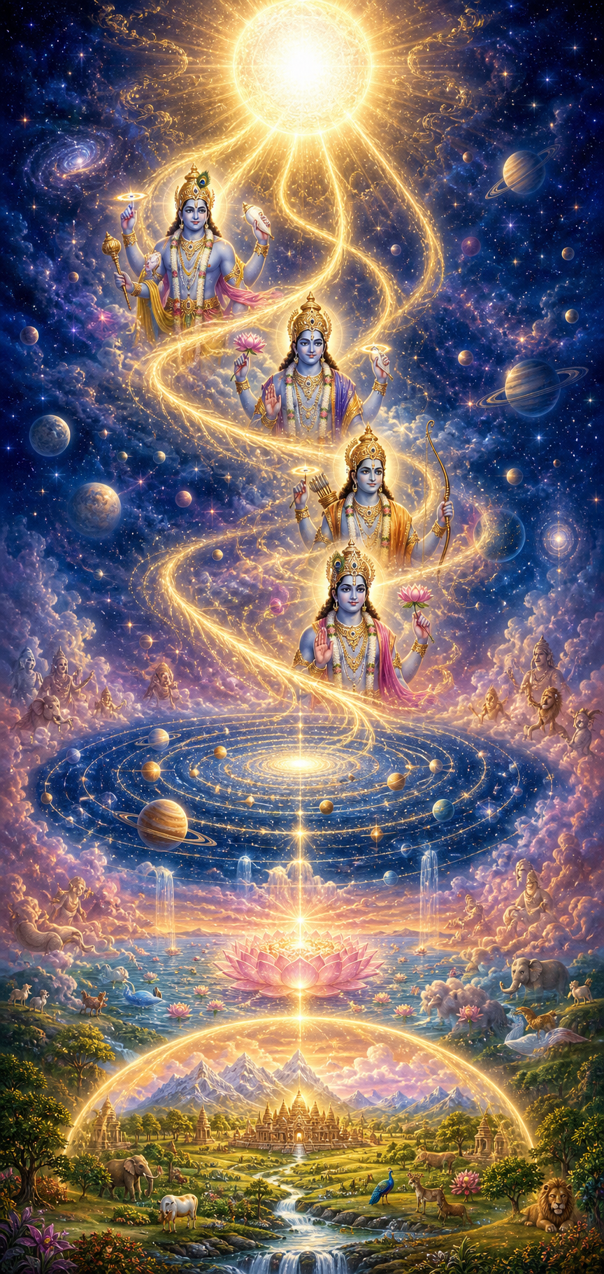 Four luminous forms of Vishnu descend from one sphere of light toward an ordered cosmos of stars, water, mountains, and living beings.