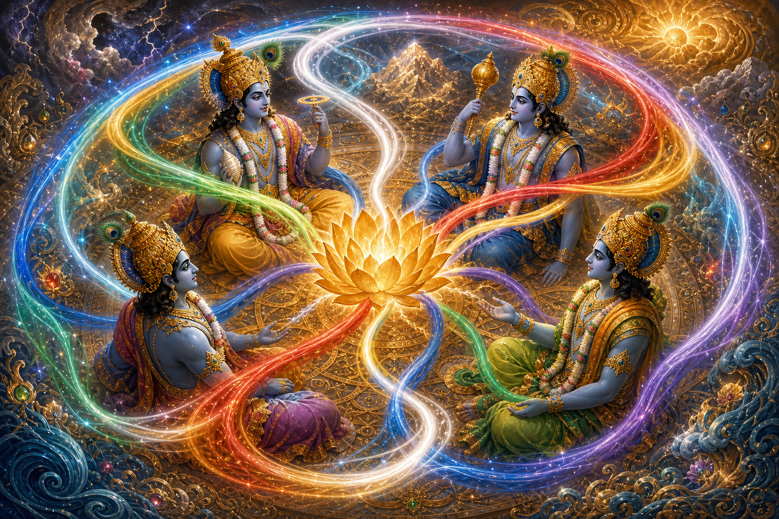 Six colored streams of light weave through four Vishnu figures arranged around a single golden lotus.