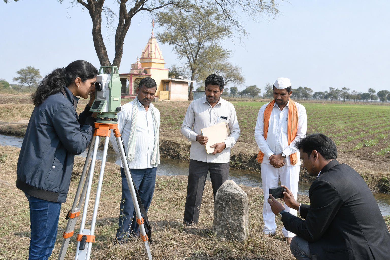 A surveyor documents a field boundary in Maharashtra while a cultivator, temple trustee, sevadar, and lawyer observe.