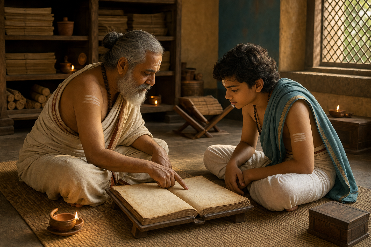 A teacher and student sit together on woven mats and study an open manuscript in a softly lit temple library.