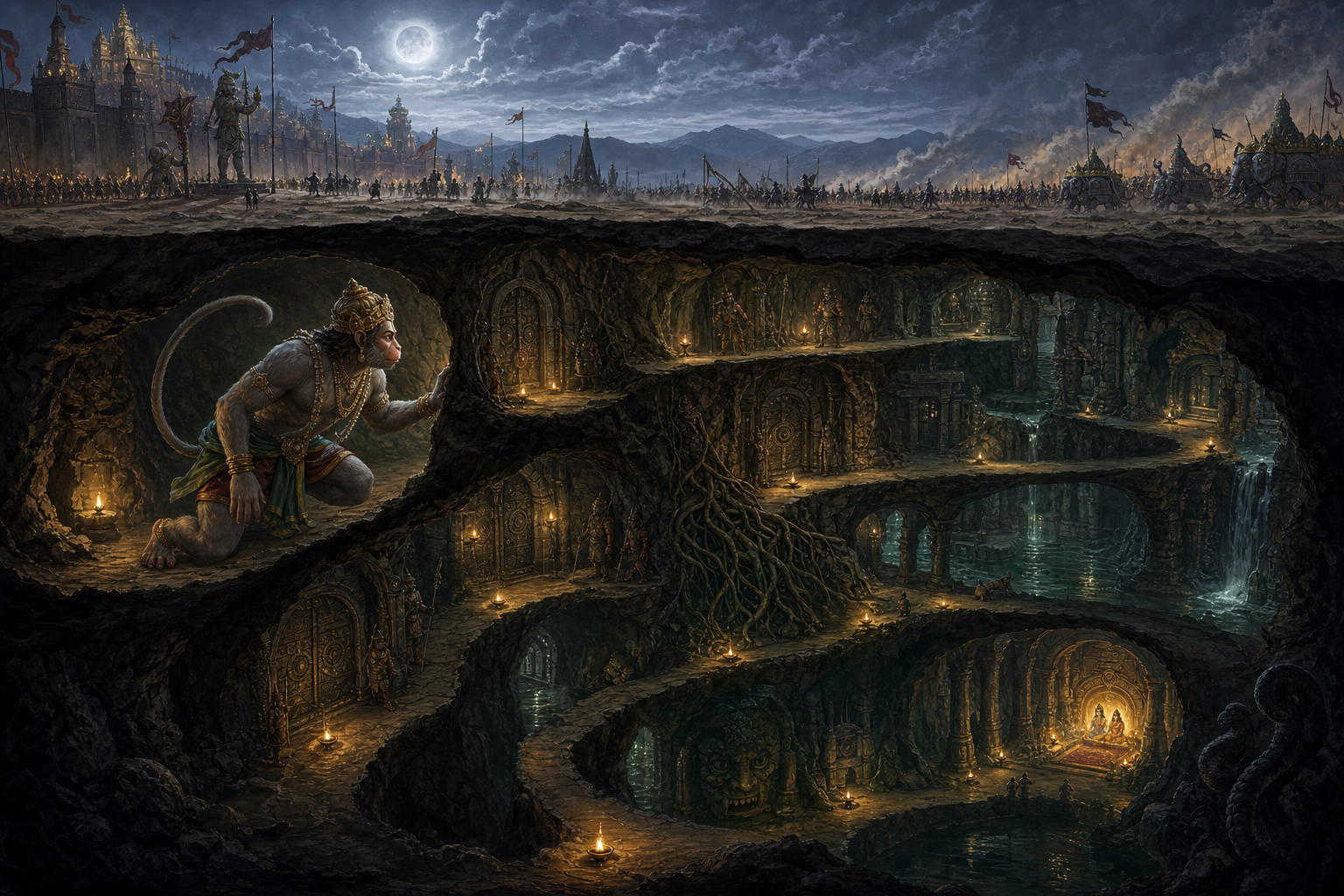 An open moonlit battlefield above contrasts with Hanuman navigating a narrow underground route toward the captive Rama and Lakshmana.