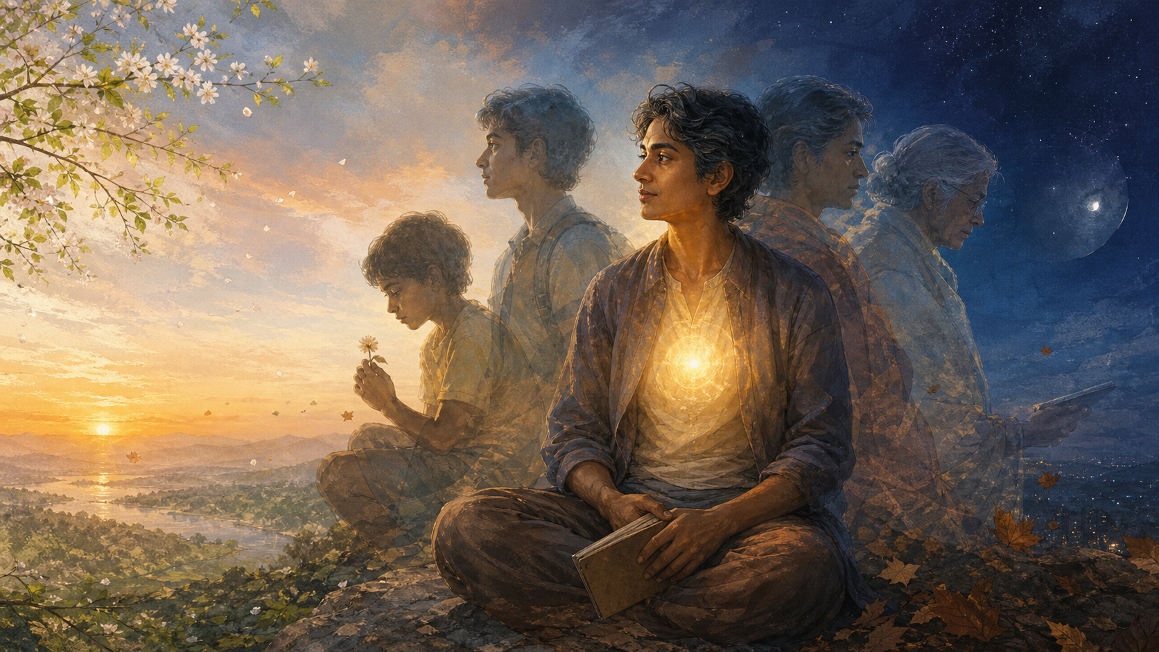 A seated person is surrounded by translucent versions of themselves at different ages as the landscape shifts through times of day and seasons.