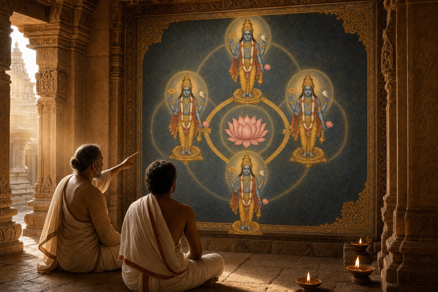 A teacher and devotee examine a temple panel in which four similar Vishnu figures surround a central lotus and are linked by overlapping halos.