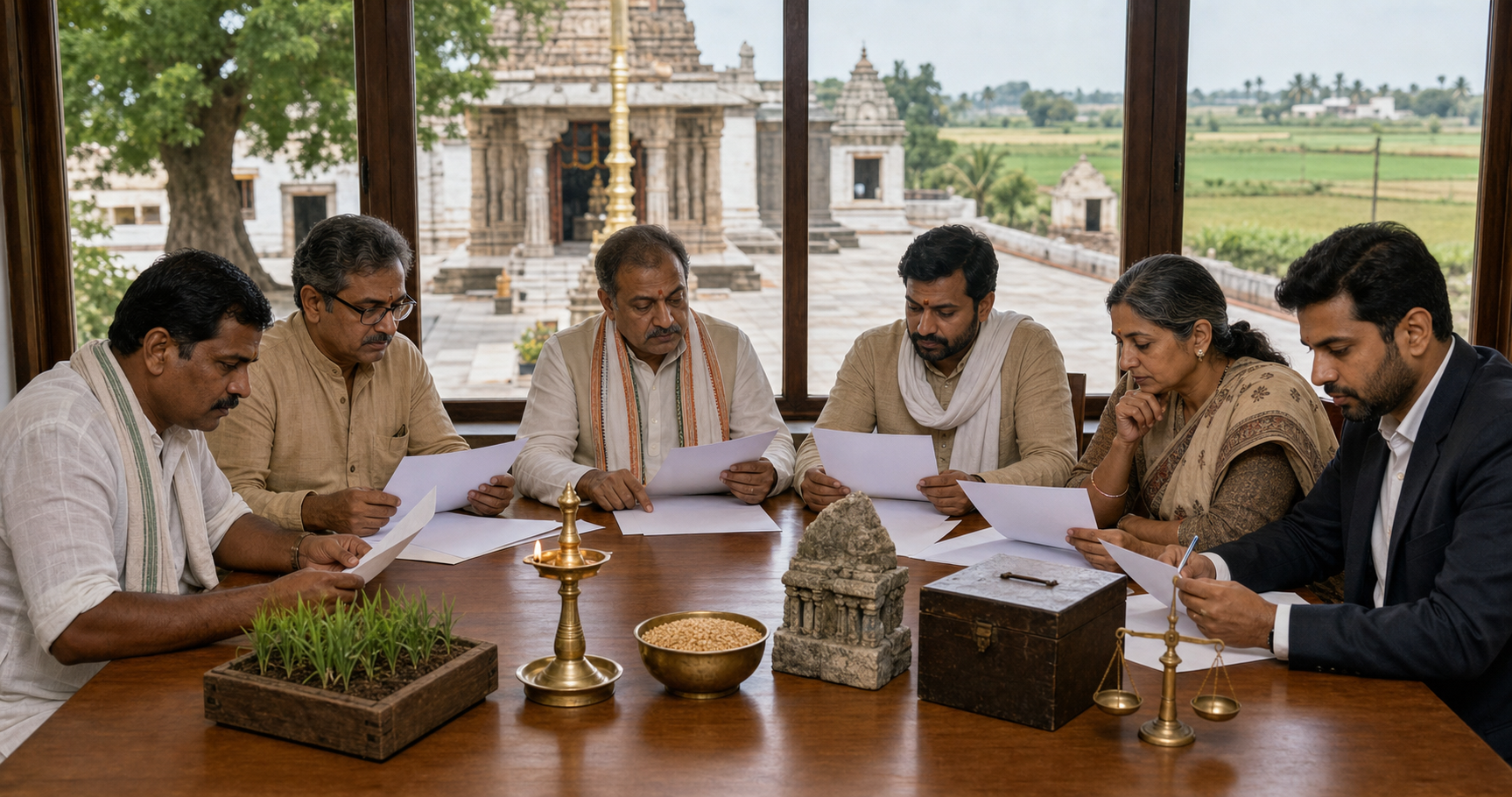 Cultivators, temple representatives, and professional advisers review unmarked documents around a table with objects representing land, worship, food service, heritage, records, and legal balance.