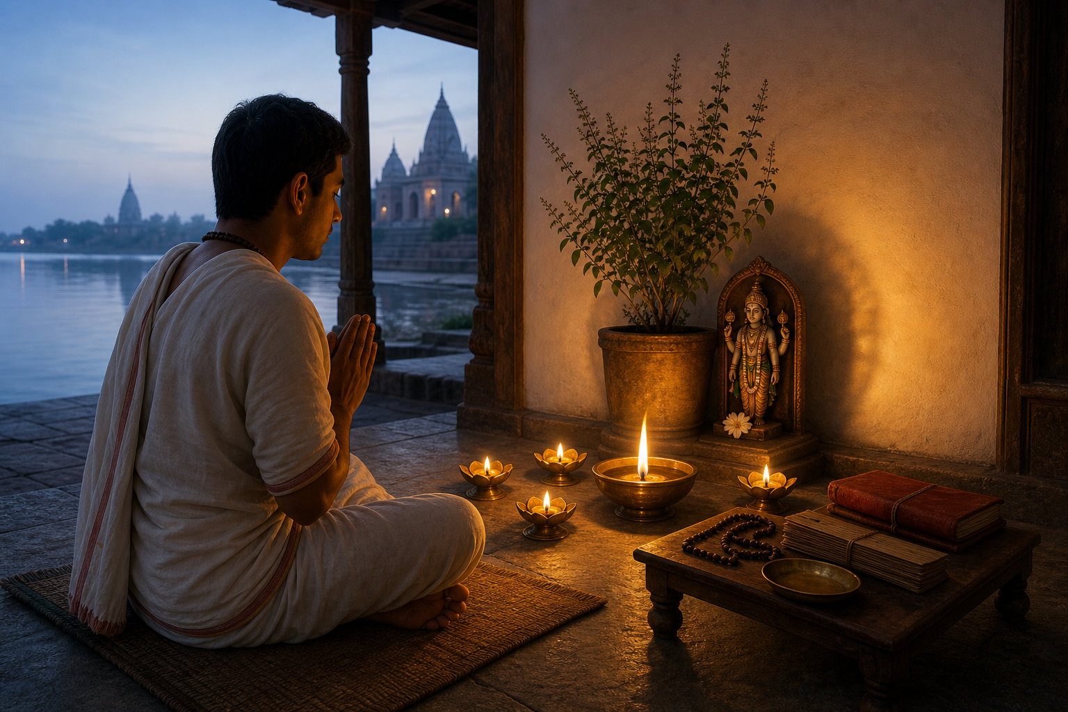 A devotee meditates beside prayer beads and closed scriptures as four small oil lamps surround one central flame at dawn.