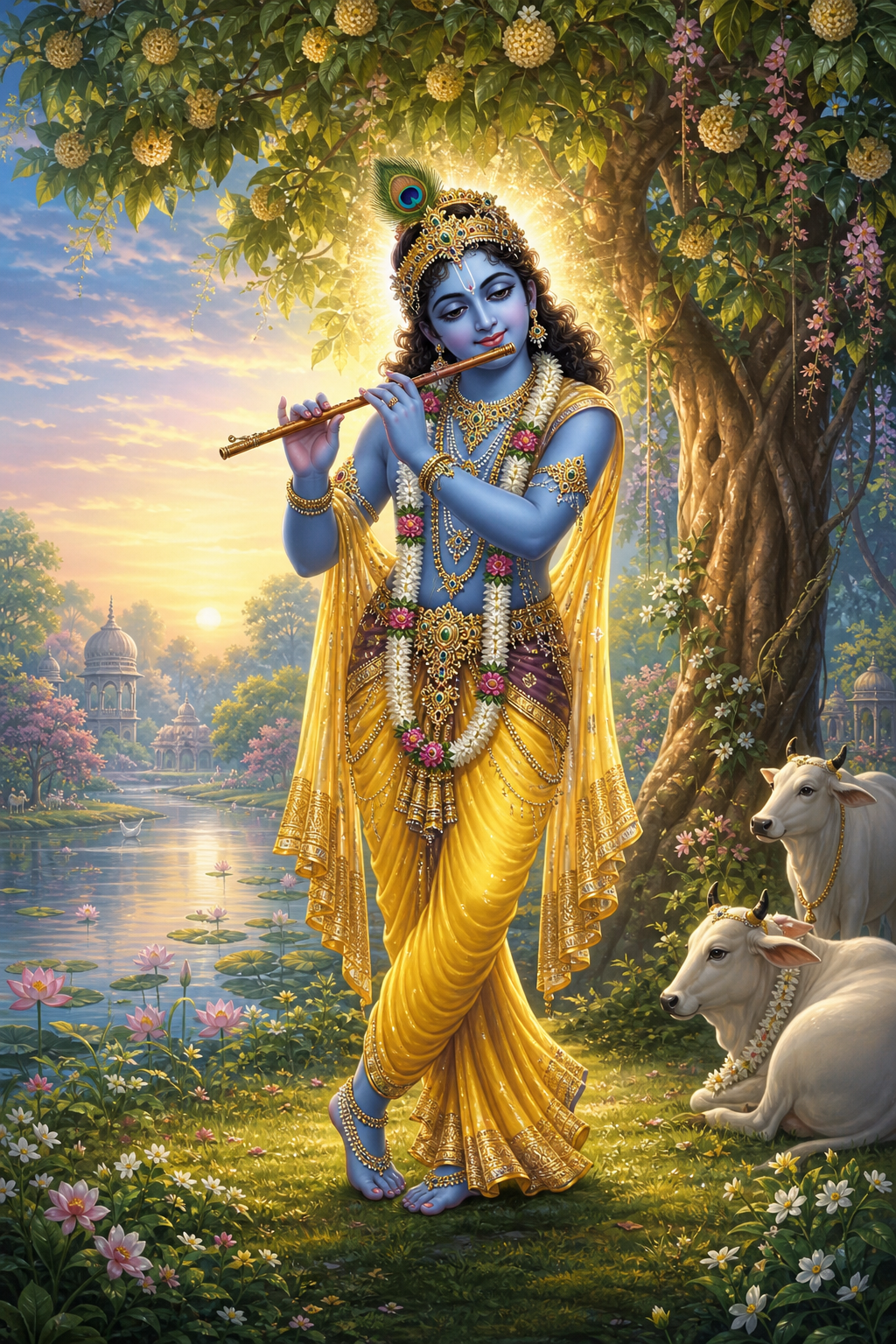 Krishna stands beneath a flowering tree in Vrindavan holding a flute, with cows, lotus flowers, the Yamuna, and a soft golden aura around Him.