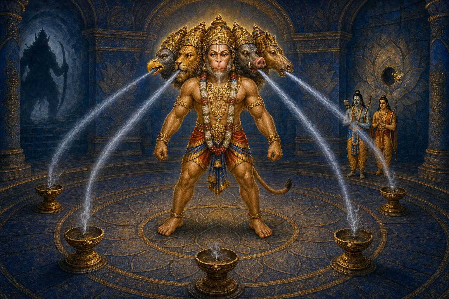 Five-faced Hanuman turns toward five oil lamps in a circular underground chamber while a honeybee hovers near a concealed opening.