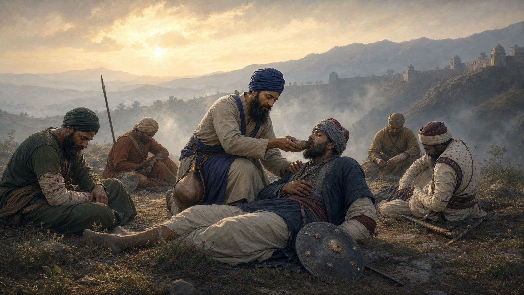 A Sikh sevadar offers water to a wounded soldier while other injured men from opposing sides wait near the walls and foothills of Anandpur.