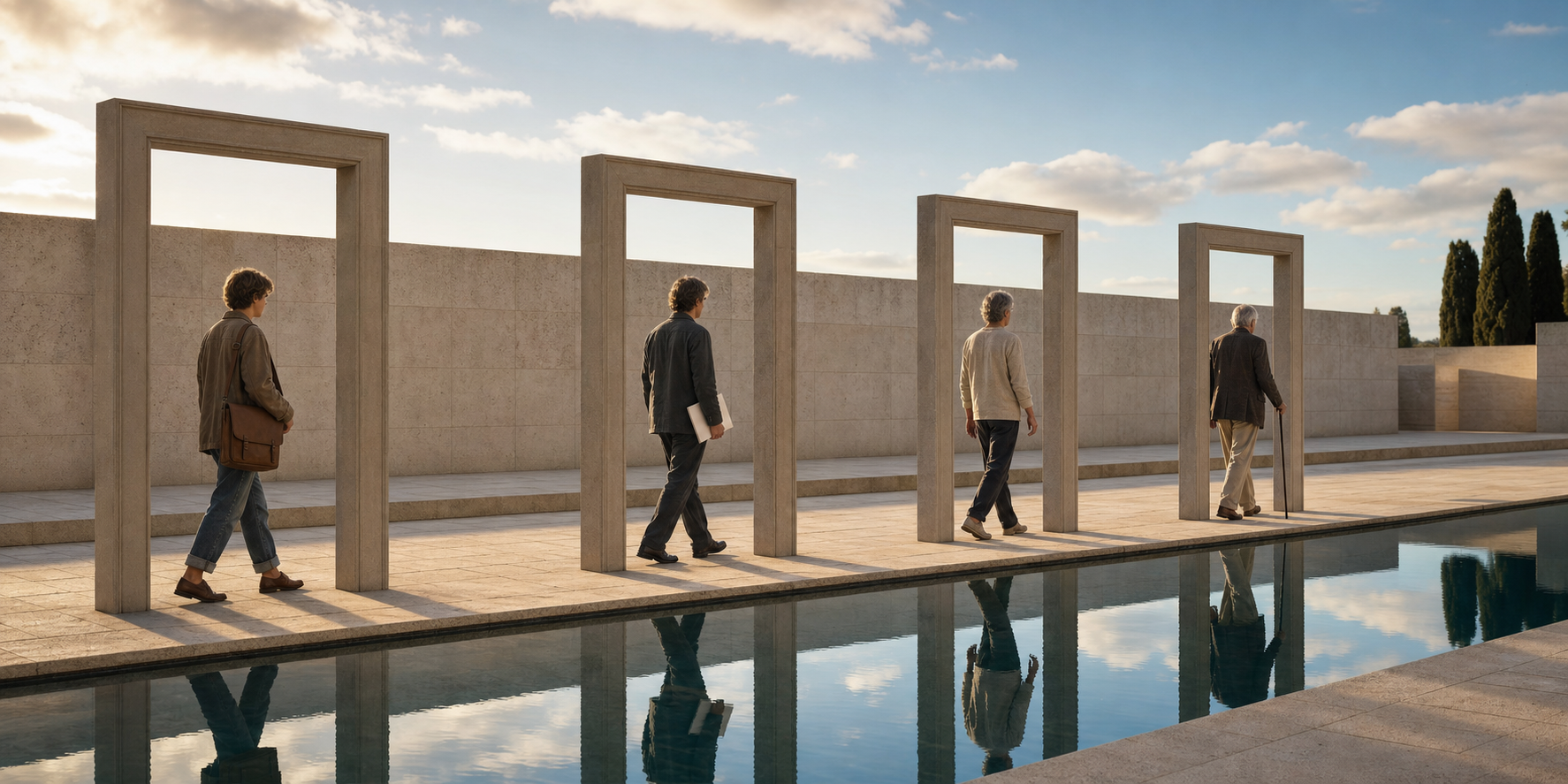 One person appears at different ages while passing through four doorframes beside a reflecting pool.