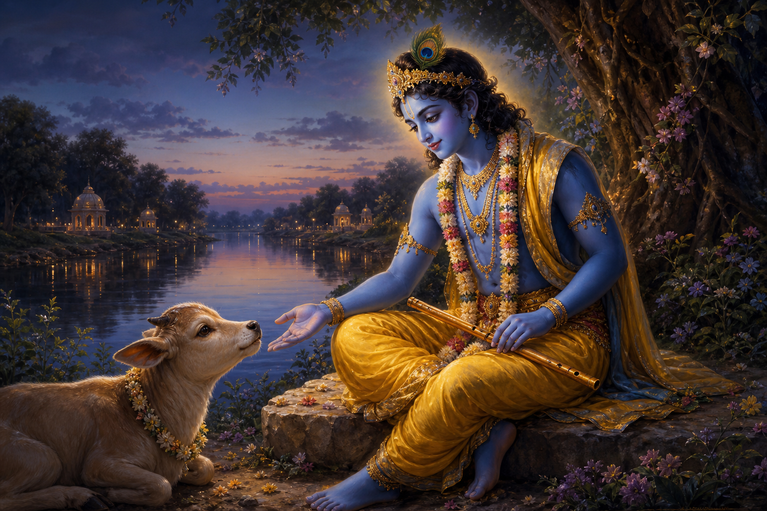 Krishna sits beside the Yamuna with a flute across His lap and reaches toward a calf as blue and golden light radiates around His clearly defined form.
