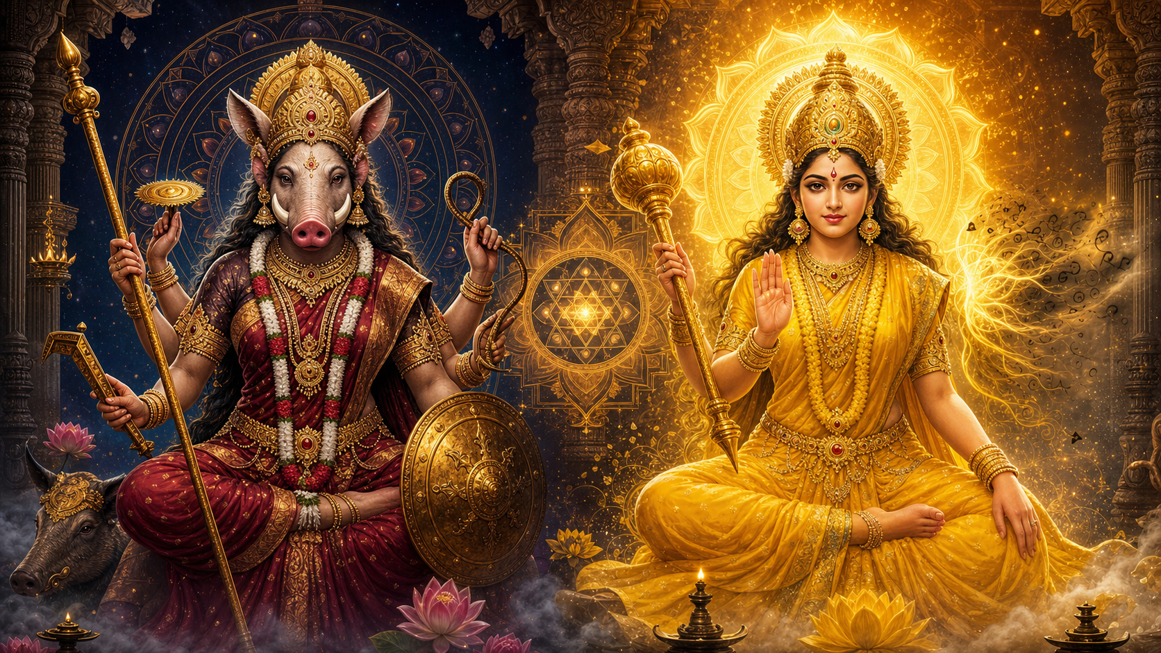 Digital artwork of Hindu goddesses Varahi and Bagalamukhi in a luminous temple setting