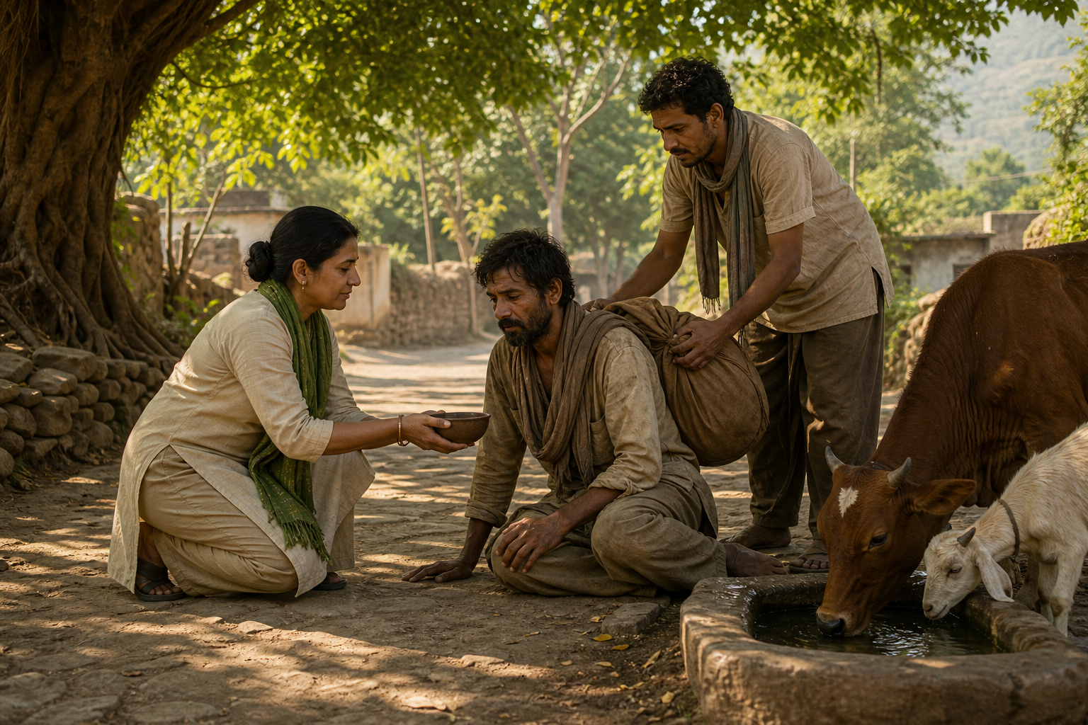 A calm practitioner offers water to a tired traveler while another person helps and nearby animals drink from a stone basin.