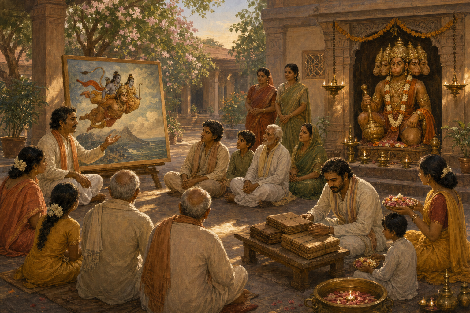 A storyteller, a manuscript researcher, and worshippers gather around a Panchamukhi Hanuman shrine in a temple courtyard.