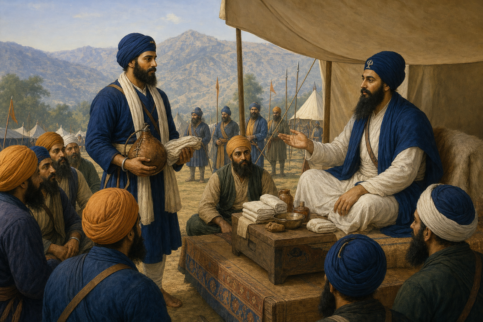 Bhai Kanhaiya holds a water-skin and bandages while Sikh figures gather around a Guru in an Anandpur encampment.