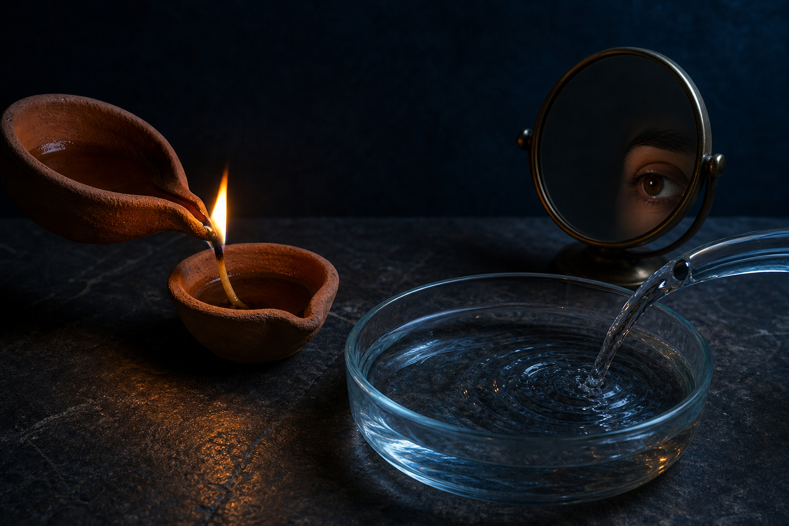 Two clay lamps, flowing water in a glass vessel, and a mirror reflecting an eye sit separately on a dark stone table.