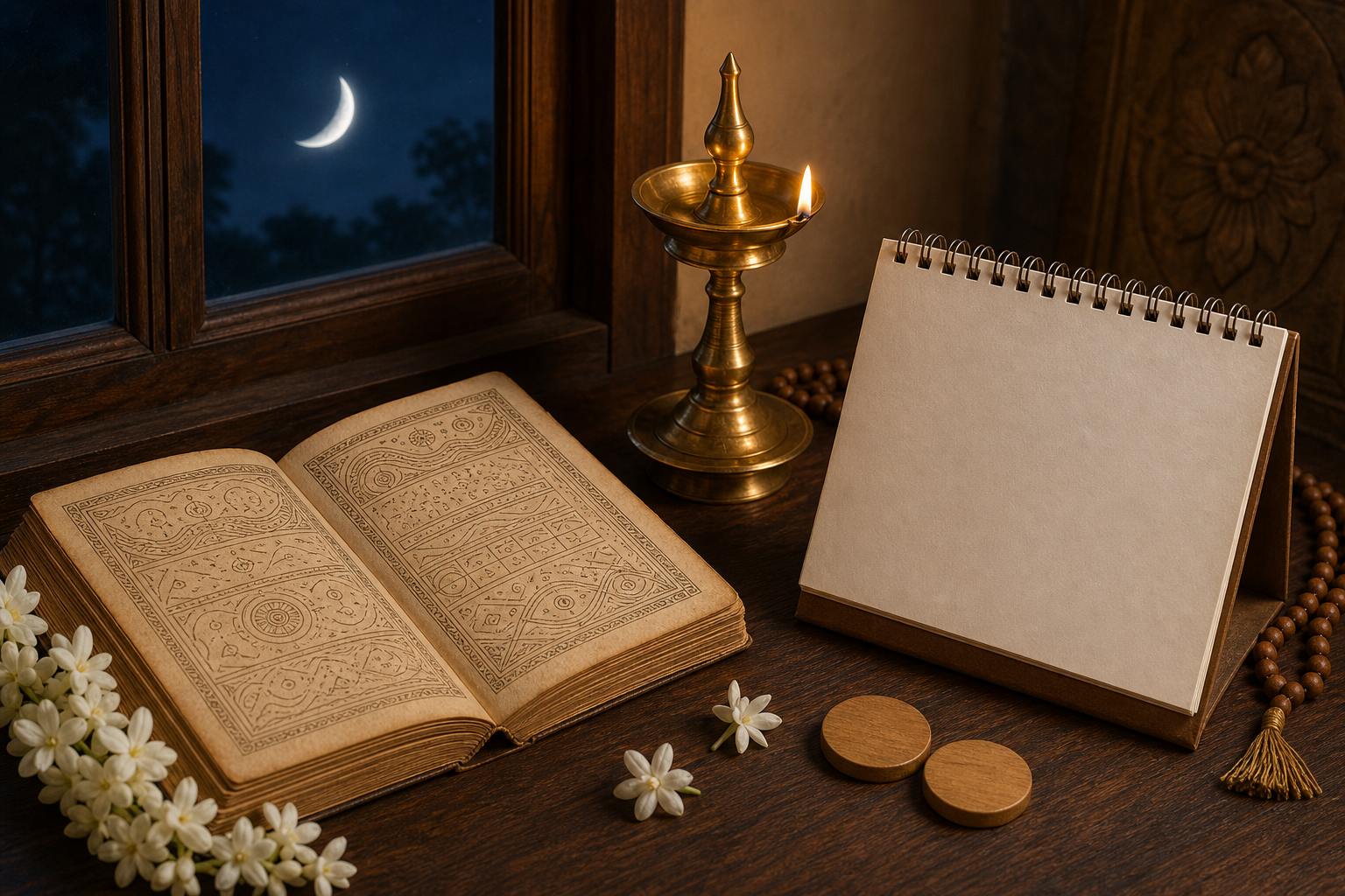 A traditional almanac, blank calendar, brass lamp, prayer beads and jasmine flowers are arranged beside a moonlit window.