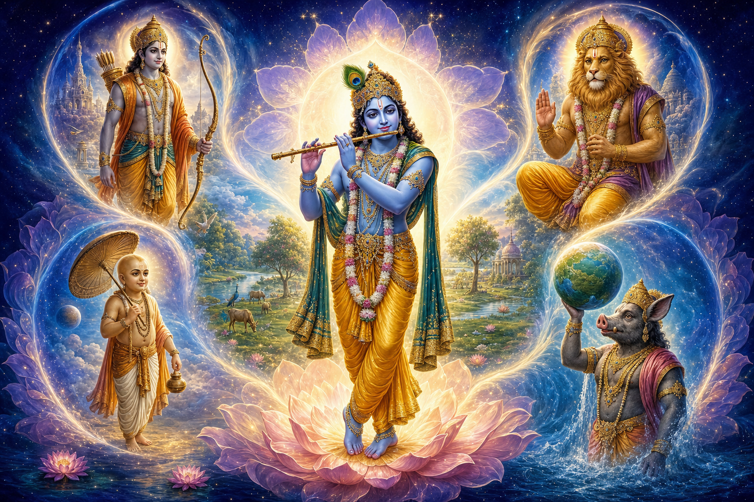 Krishna stands with a flute at the center of a luminous sacred space, surrounded by reverently depicted avatara forms including a bow-bearing prince, a lion-headed guardian, a dwarf brahmana, and a boar-headed rescuer.