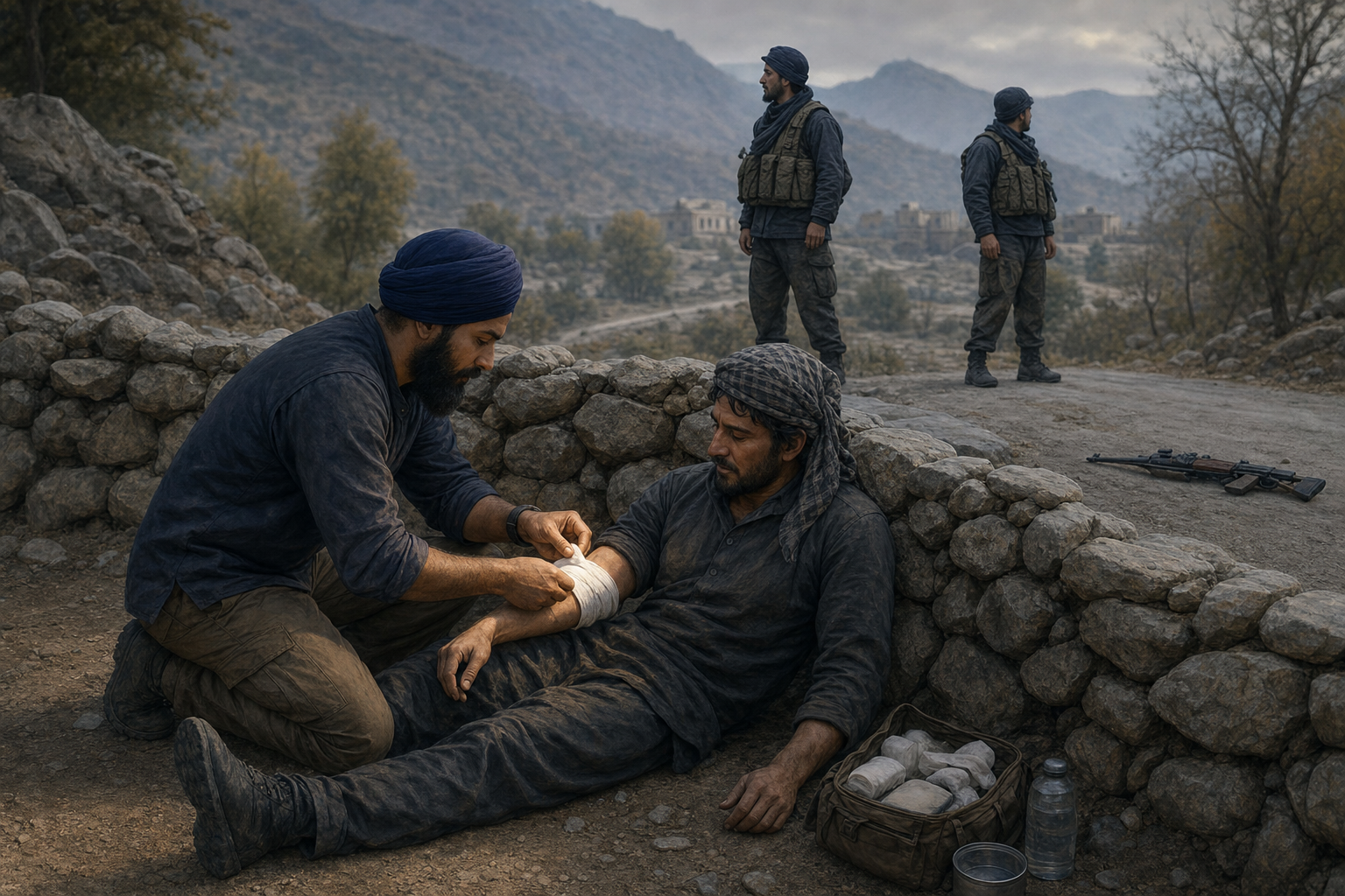 A Sikh volunteer bandages an unarmed injured opponent while defenders maintain a watchful boundary nearby.