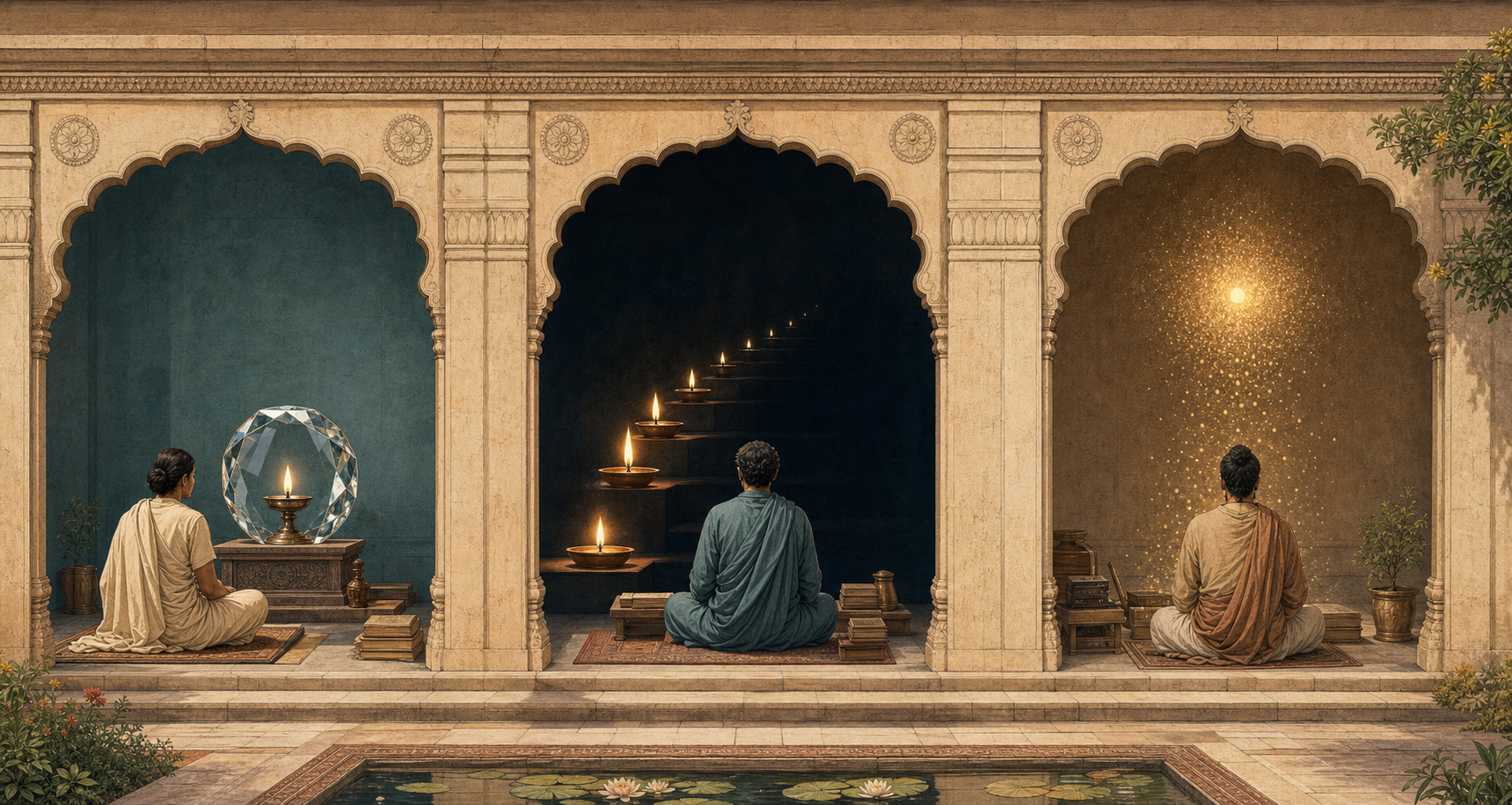 Three practitioners sit in separate courtyard bays with a reflected lamp, a sequence of flames, and a golden light surrounded by particles.